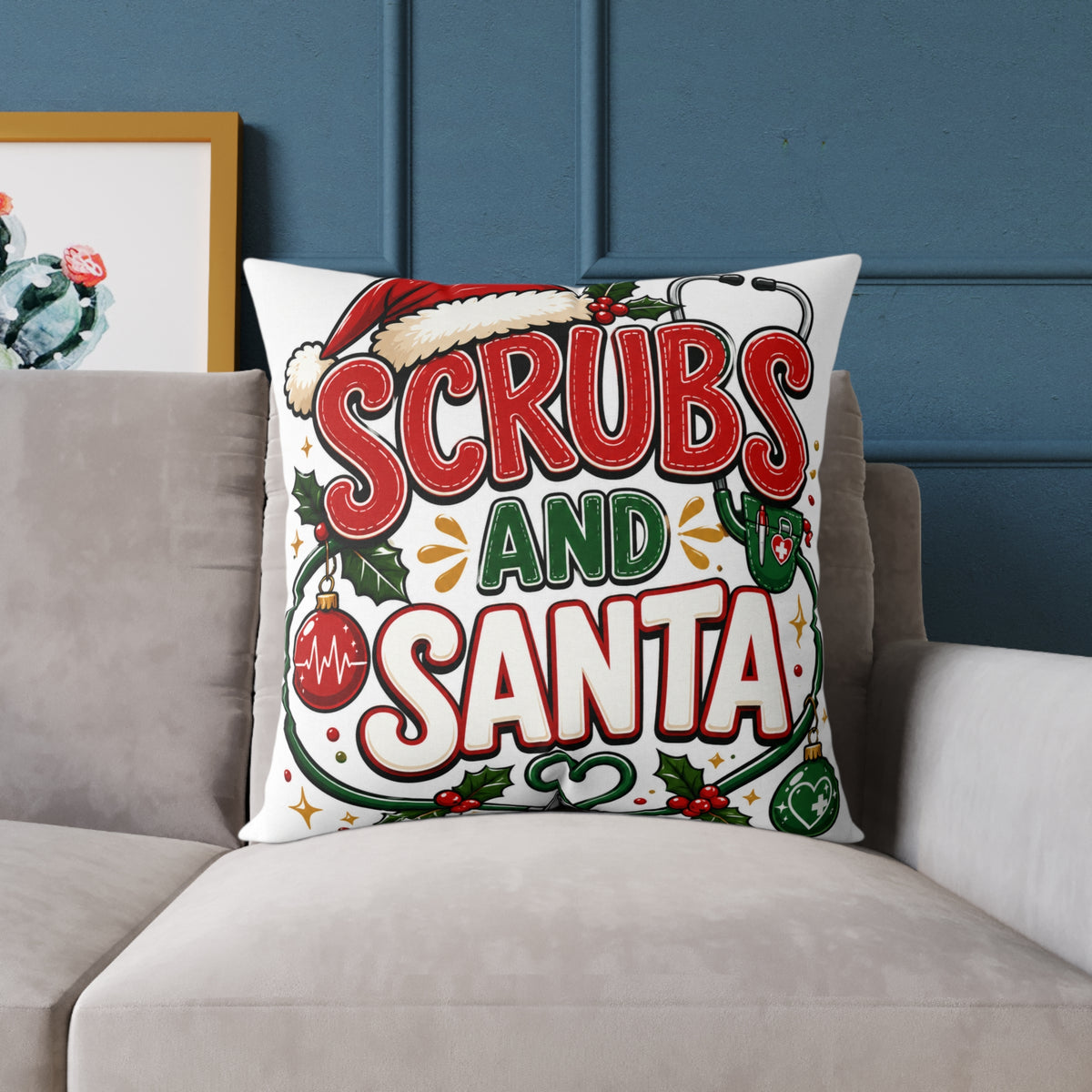 Scrubs and Santa Christmas Pillow — Holiday Nurse Throw Pillow