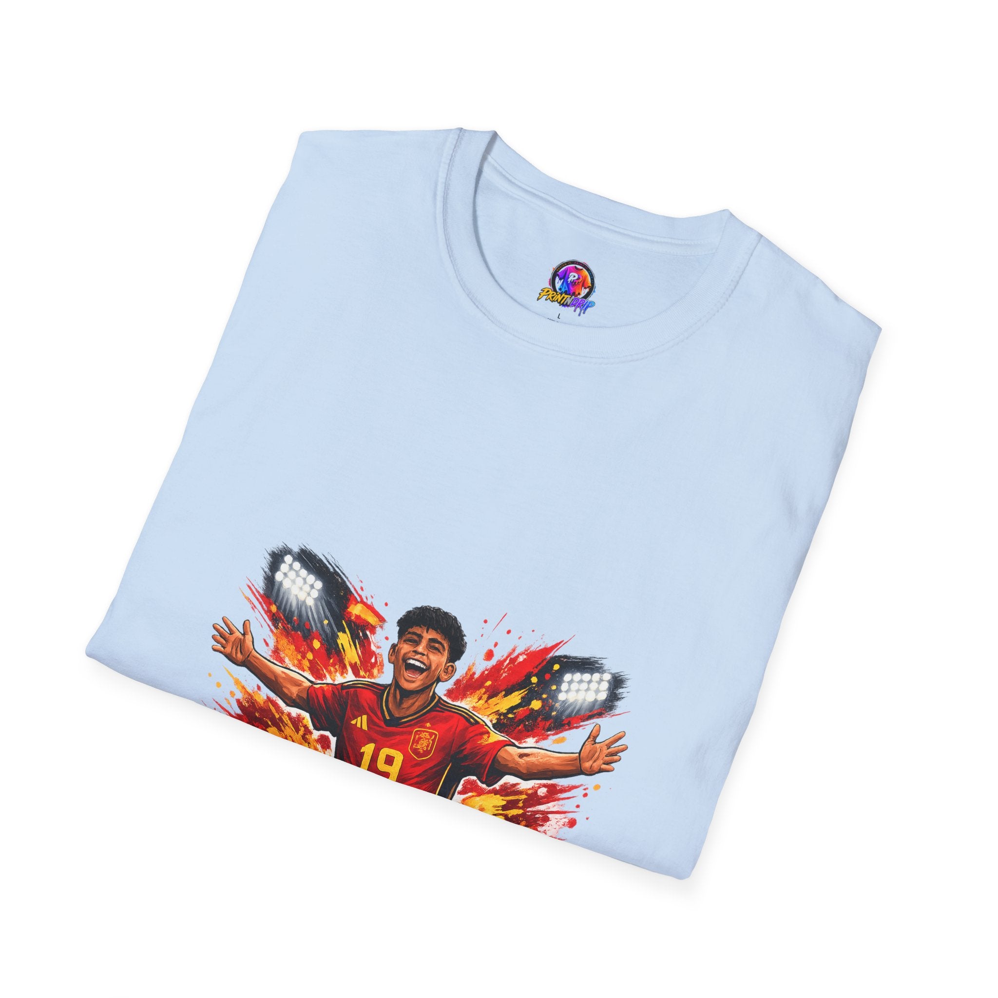 Spain Soccer Fan Portrait T‑Shirt – Fiery Goal Celebration Design