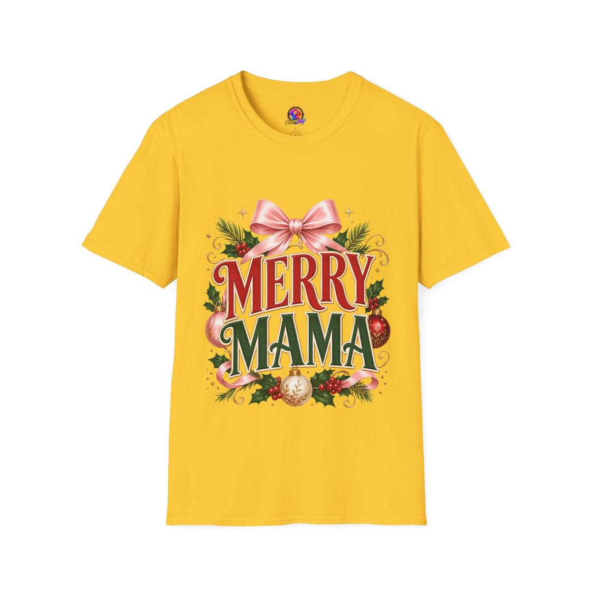 Merry Mama Christmas T-Shirt — Festive Bow & Holiday Greenery Tee