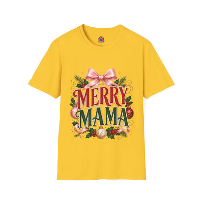 Merry Mama Christmas T-Shirt — Festive Bow & Holiday Greenery Tee