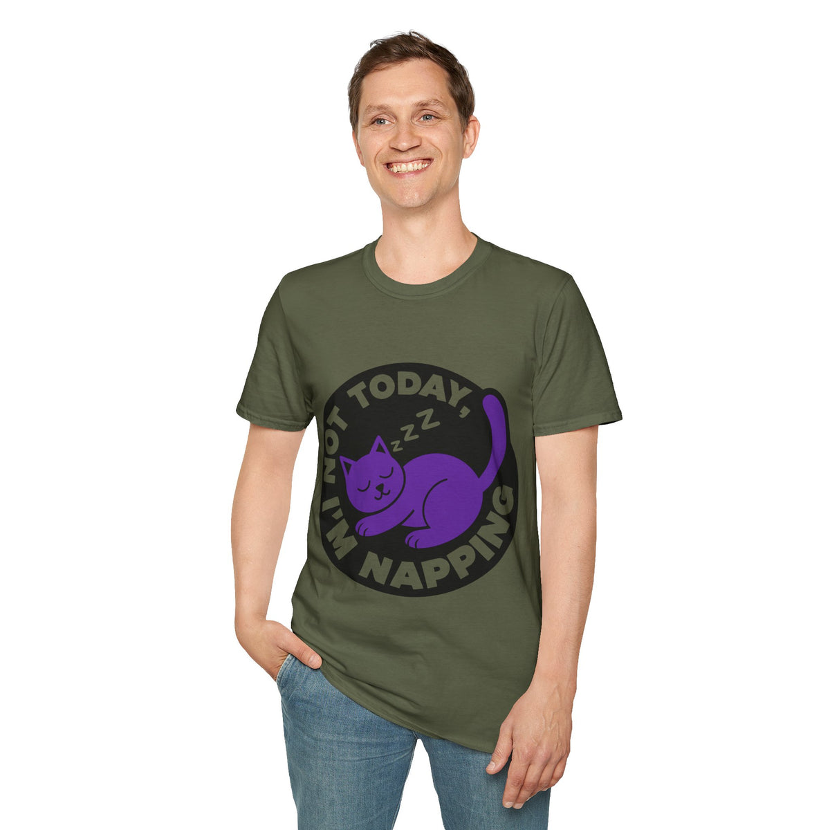 Not Today I'm Napping Purple Cat Tee - Funny Sleeping Kitten Badge Graphic T-Shirt - Trending Now - September 2026