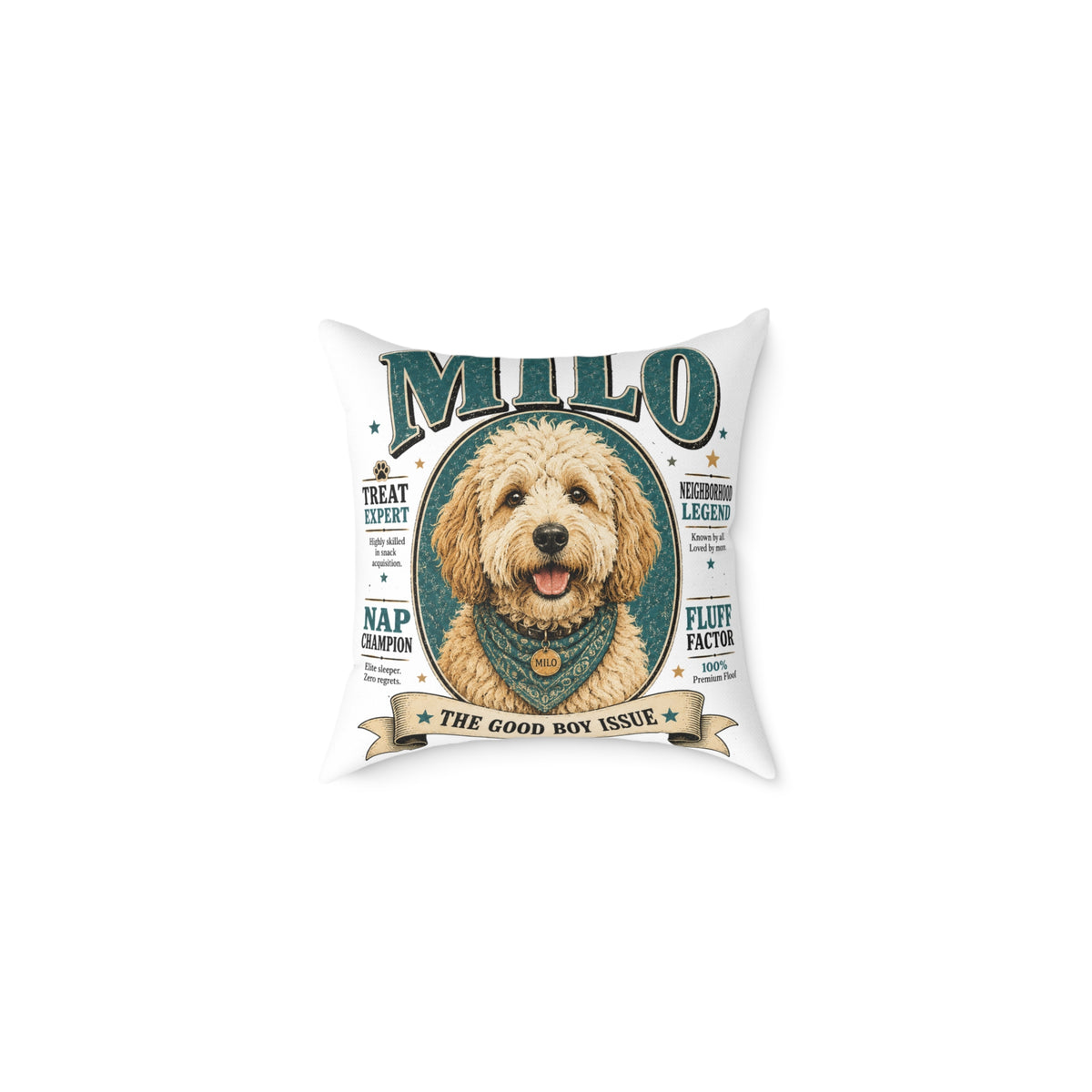Milo Bailey Dog Dad Mom Square Pillow — "Milo: The Good Boy Issue" Dog Portrait Decorative Throw Pillow