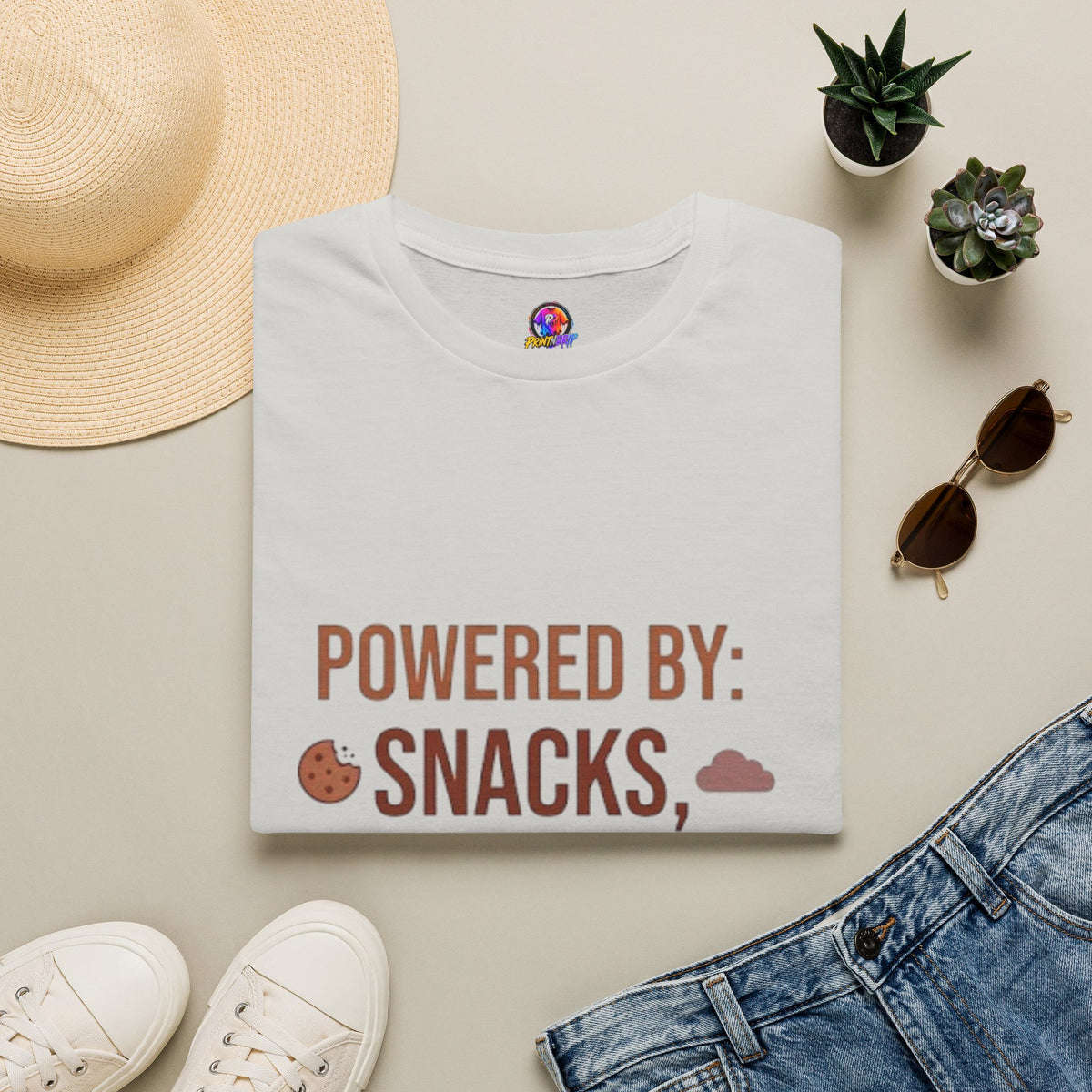 Powered By: Snacks, Naps & Stubbornness T-Shirt — Funny Casual Graphic Tee