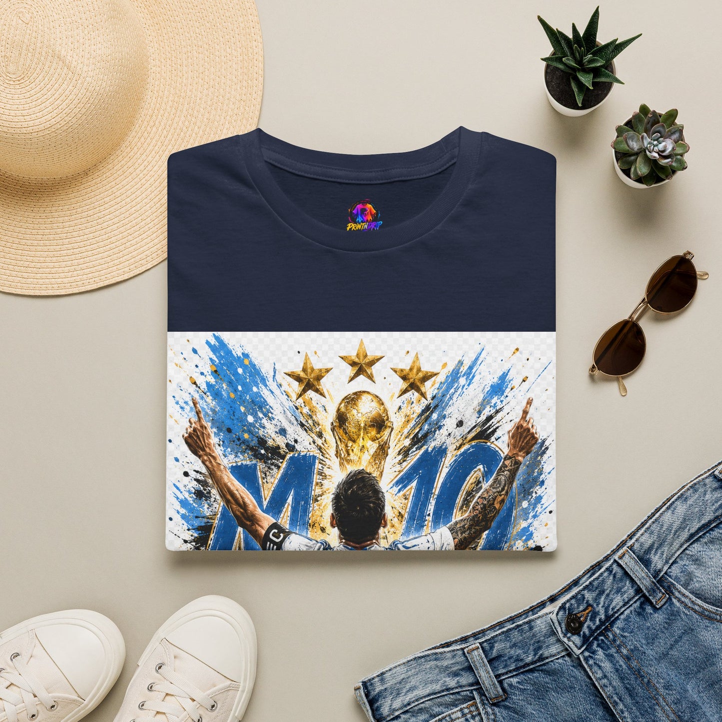Argentna  Soccer M10 Champion T-Shirt — Gold Trophy & Stars Football Fan Tee