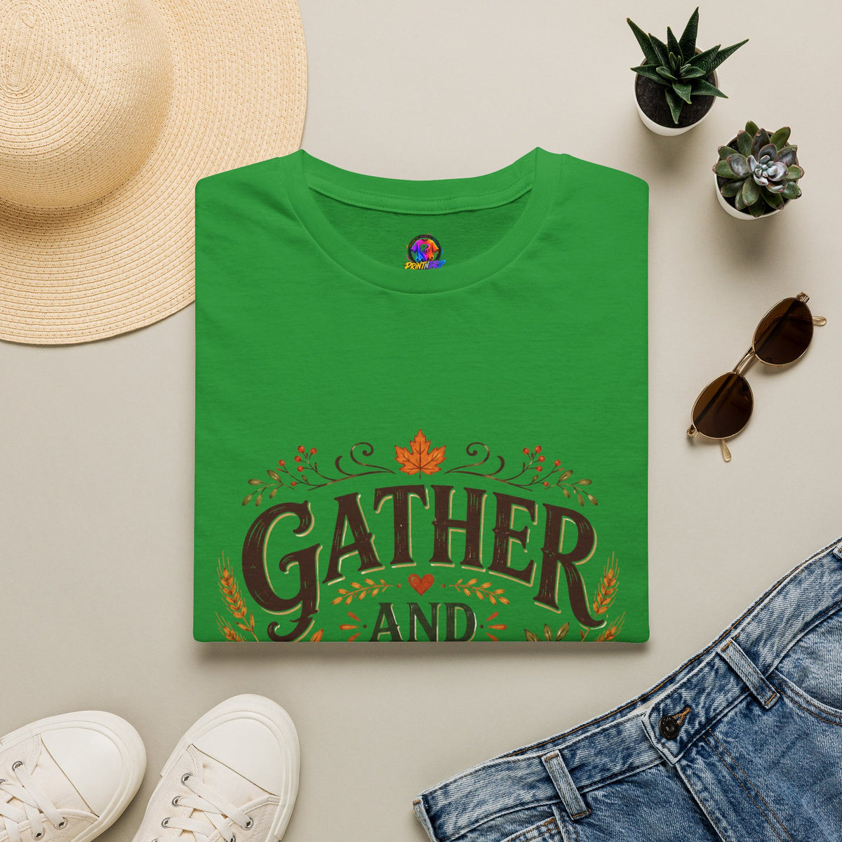 Thanksgiving T-Shirt Gather and Give Thanks T-Shirt — Thanksgiving Fall Holiday Tee