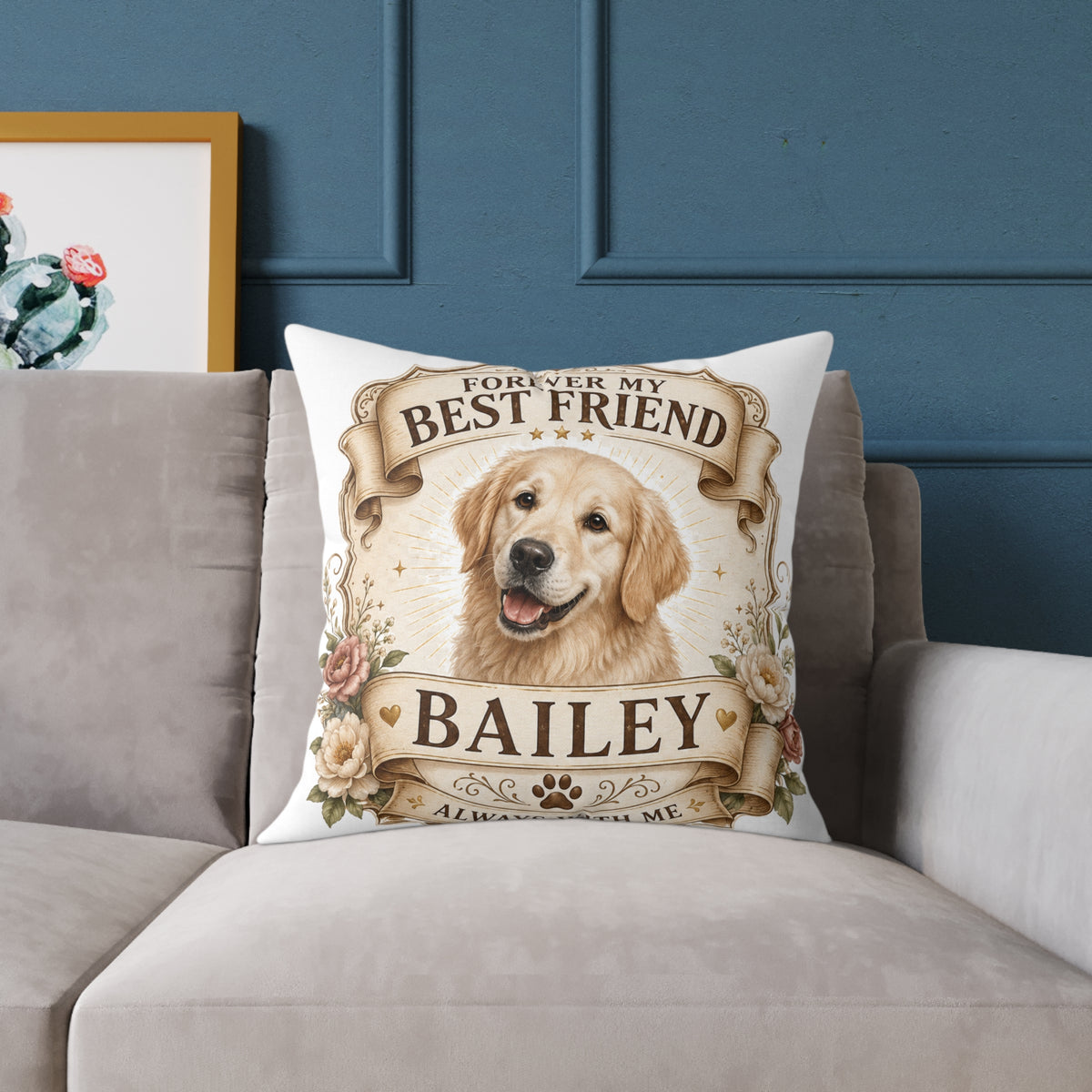 Forever My Best Friend Personalized Dog Milo Bailey Dog Dad Mom Pillow — Golden Retriever Name Cushion (Bailey)