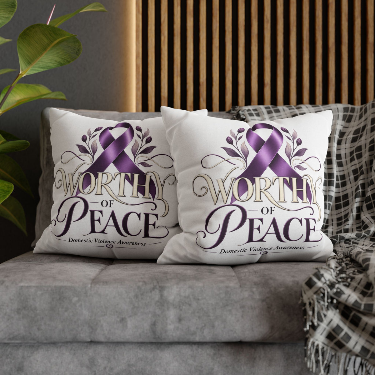 Worthy of Peace Purple Ribbon Pillowcase — Domestic Violence Awareness Throw Pillow