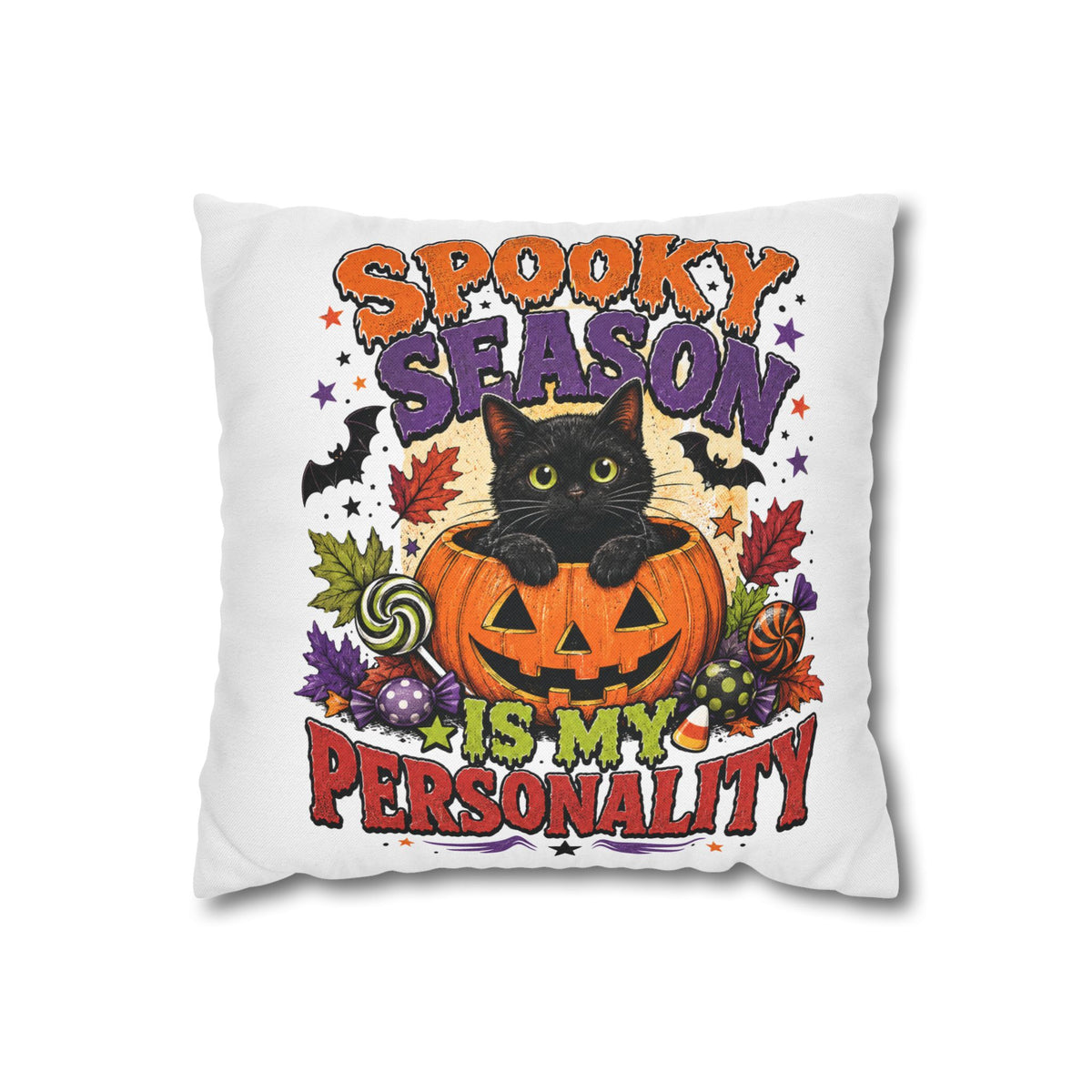 Halloween Pillowcase — "Spooky Season Is My Personality" Black Cat & Pumpkin Decorative Pillow Cover