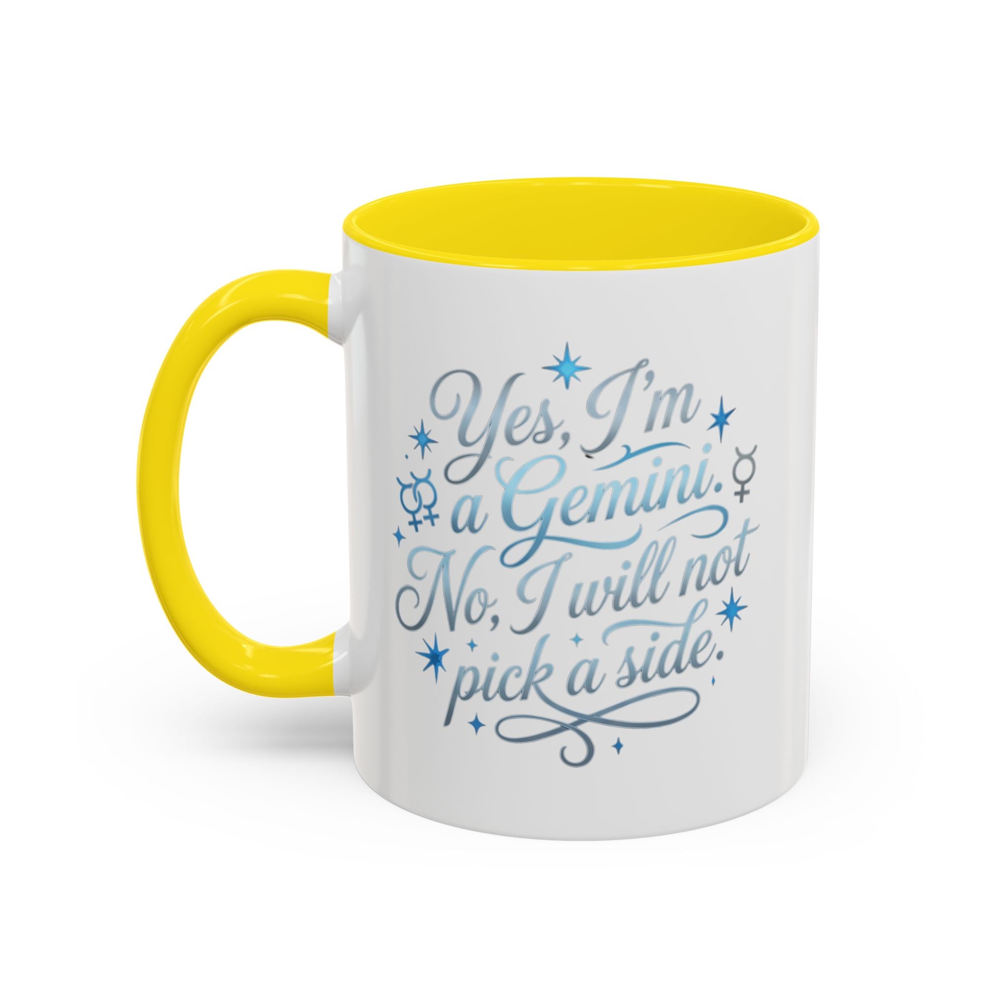 Gemini Zodiac Accent Coffee Mug – “Yes, I’m a Gemini. No, I will not pick a side.” – Astrological Gift