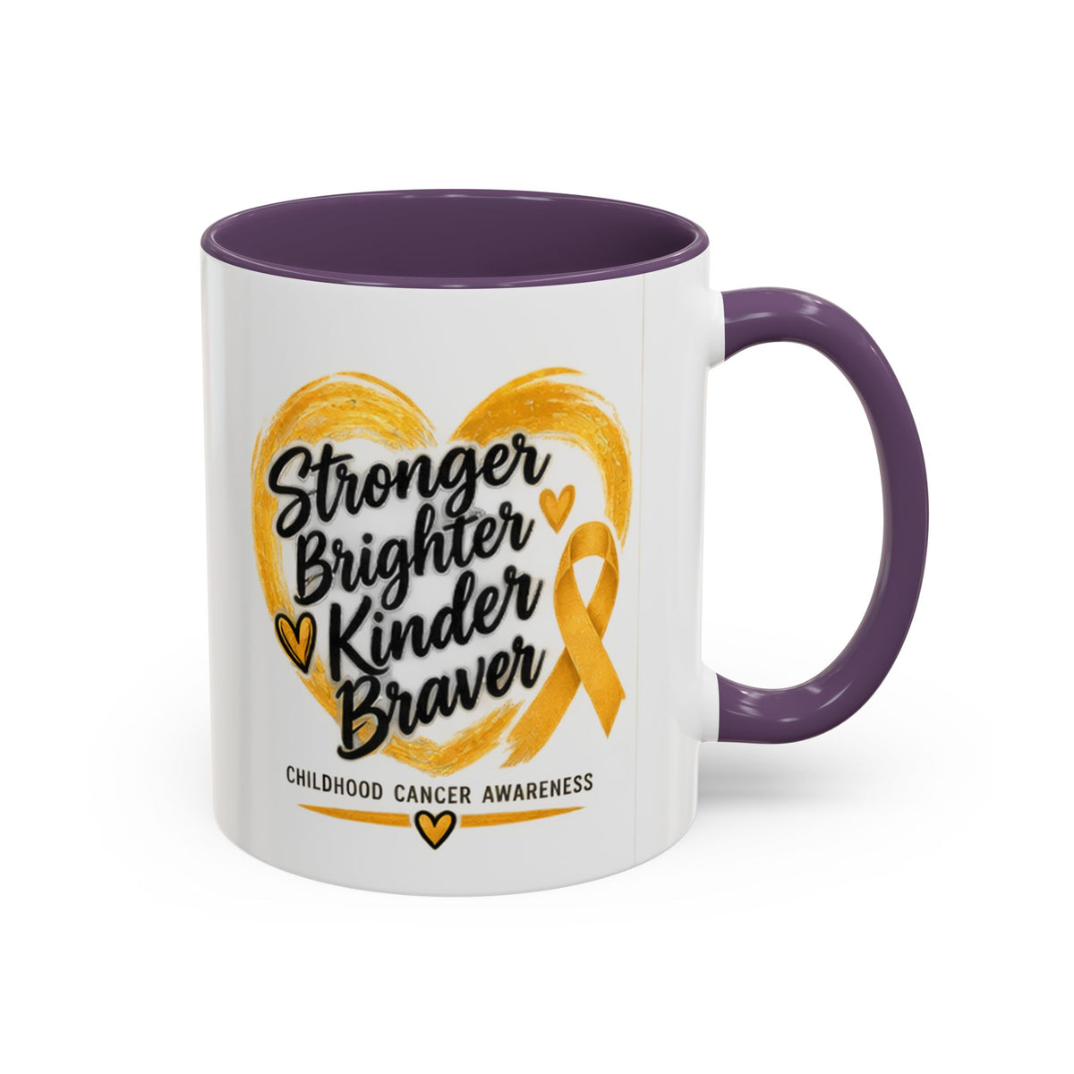 Childhood Cancer Awareness Accent Coffee Mug — "Stronger Brighter Kinder Braver"