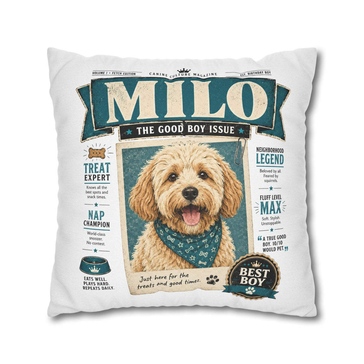 Personalized Dog Pillowcase — "Milo: The Good Boy Issue" Decorative Throw Pillowcase Milo Bailey Dog Dad Mom