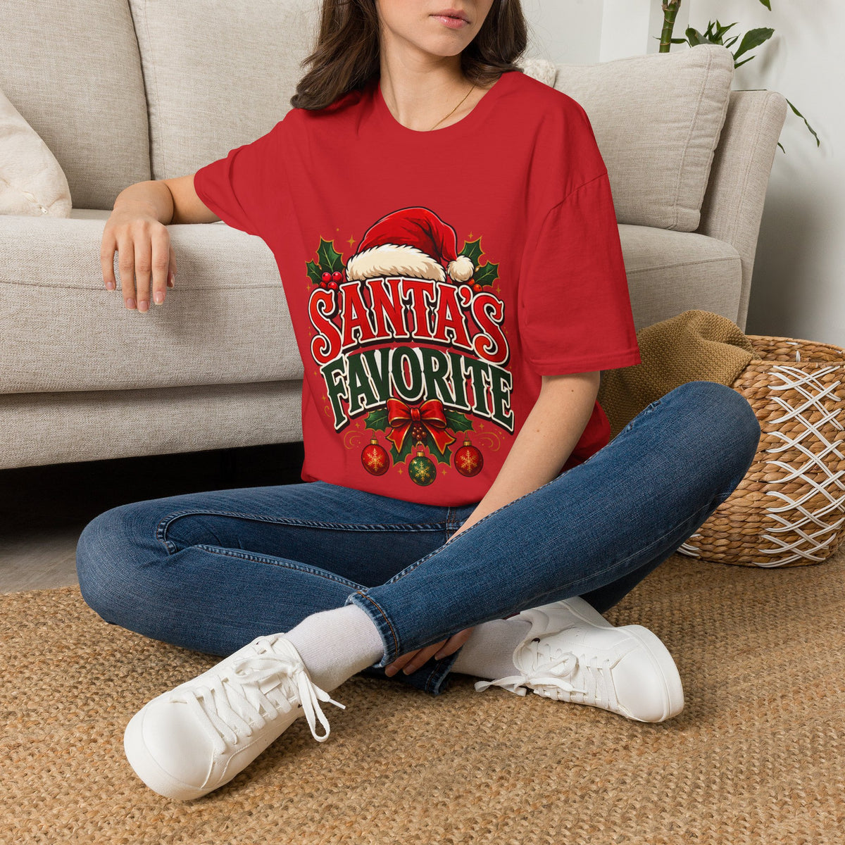 Santa's Favorite T-Shirt — Festive Christmas Tee with Santa Hat & Holly