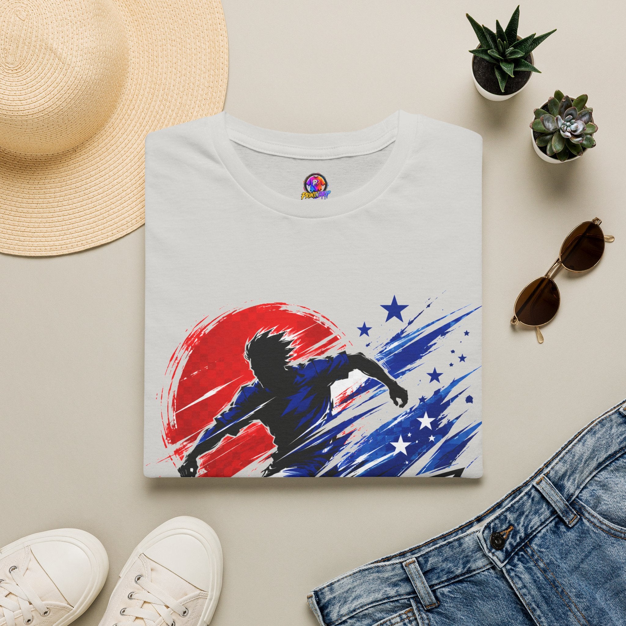 Japan T-Shirt — Blue Blade Soccer Graphic Tee (Red & Blue Starburst)