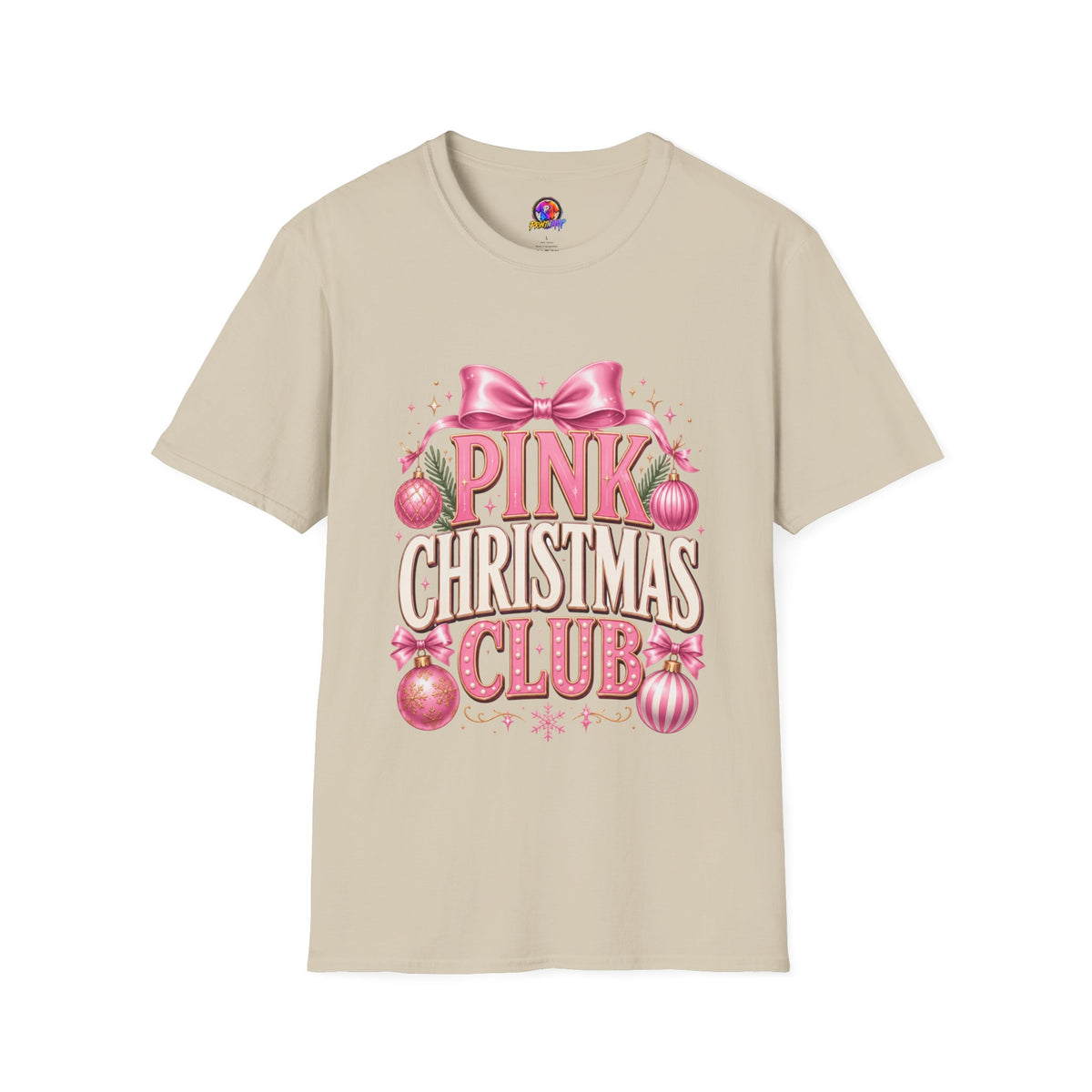 Pink Christmas Club T-Shirt — Womens Festive Holiday Tee with Bow & Ornaments