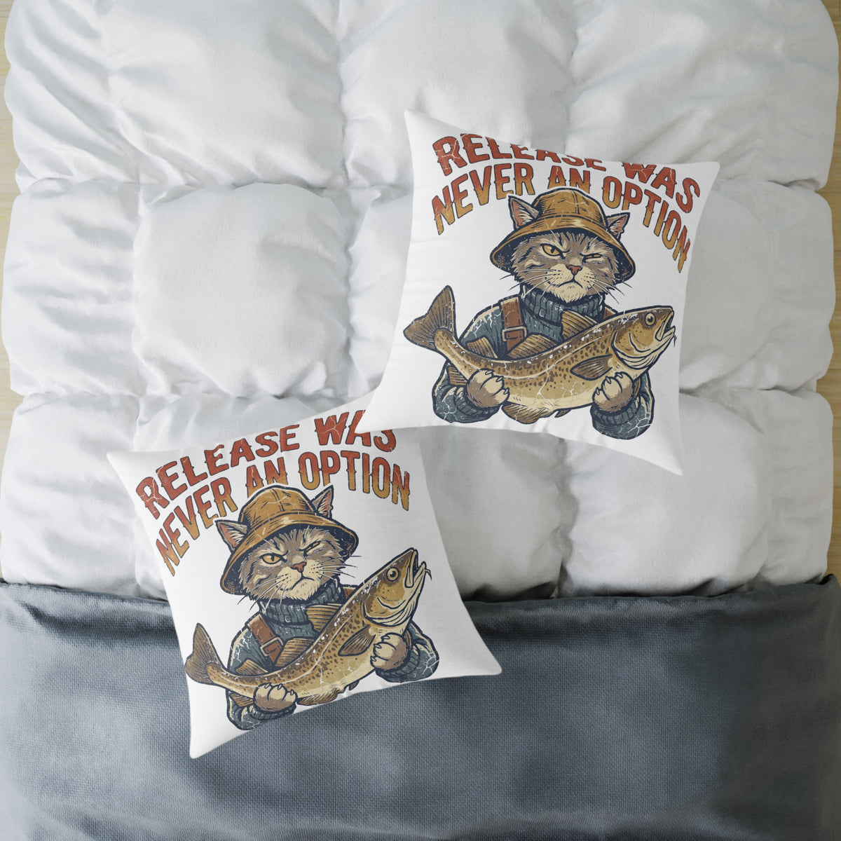 Fishing Cat Throw Pillow —Funny  "Release Was Never An Option" Decorative Accent