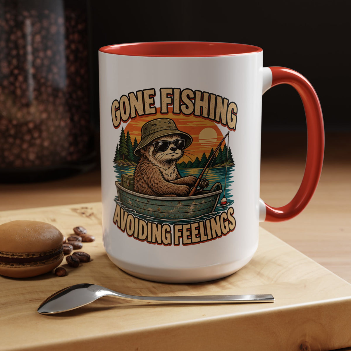 Funny And Witty "Gone Fishing Avoiding Feelings" Accent Coffee Mug (11, 15oz)
