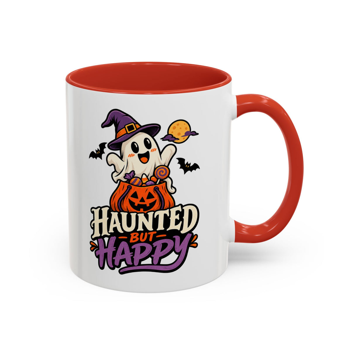 Haunted But Happy Coffee Mug — Halloween Ghost Pumpkin Accent Mug (11/15oz)