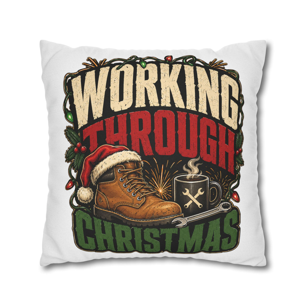 Christmas Work Boots Pillowcase Modern Day Christmas  – "Working Through Christmas" Holiday Throw Pillow Cover