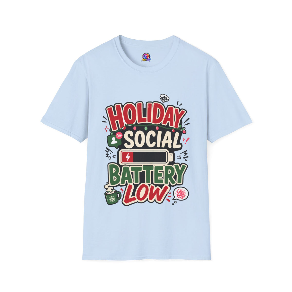 Holiday Social "Battery Low" T‑Shirt — Funny Festive Party Tee for Introverts & Holiday Gatherings