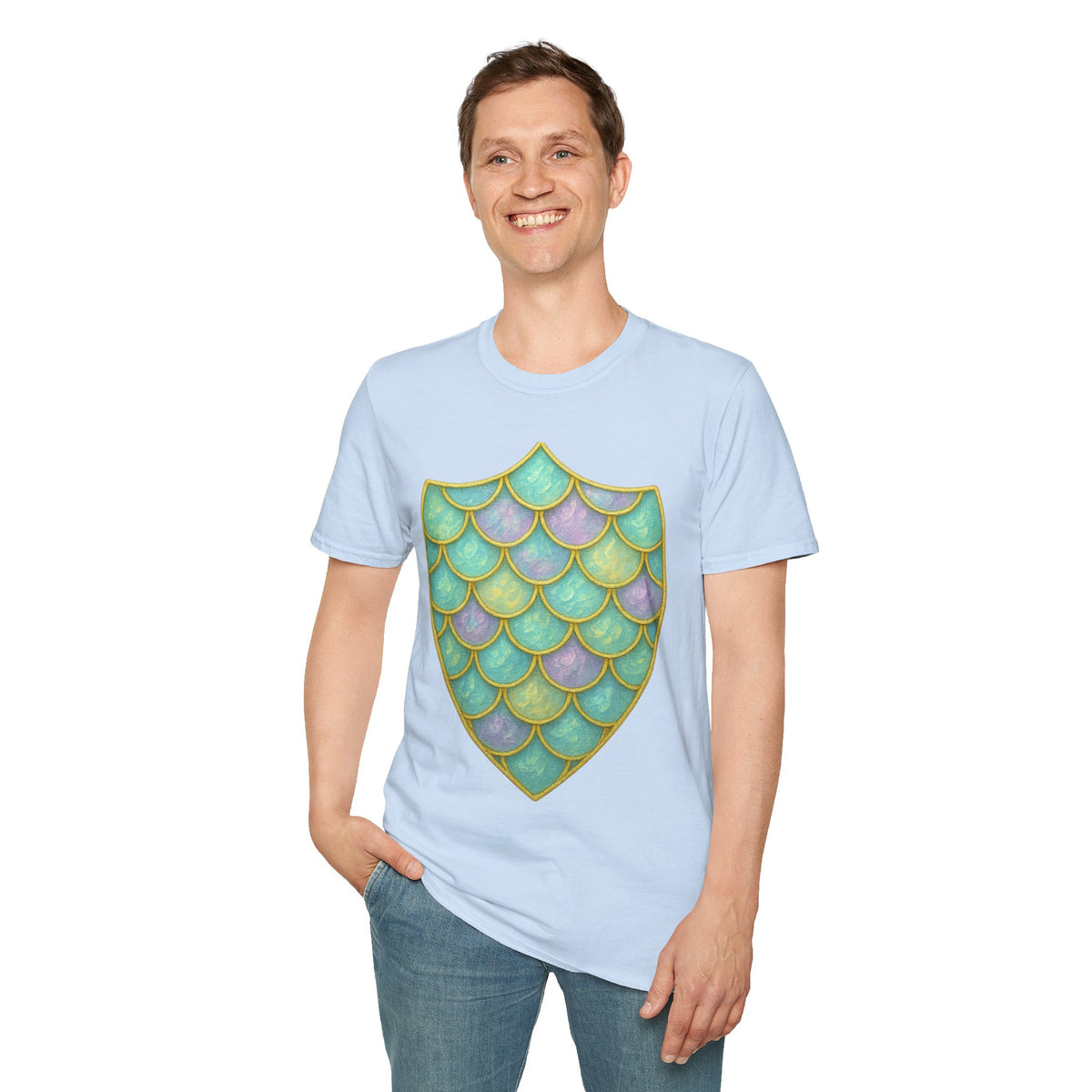 Mermaid Scale Shield T-Shirt — Iridescent Aquamarine Graphic Tee - Trending Now - September 2026