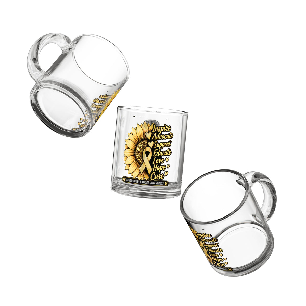 Childhood Cancer Awareness Glass Mug — Sunflower Ribbon "Inspire Advocate Support Educate Love Hope Cure" 10oz