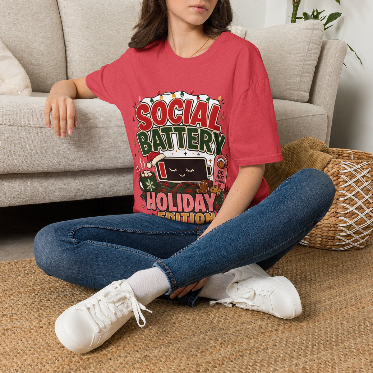Social Battery Holiday T‑Shirt — Funny Christmas Recharge Graphic Tee