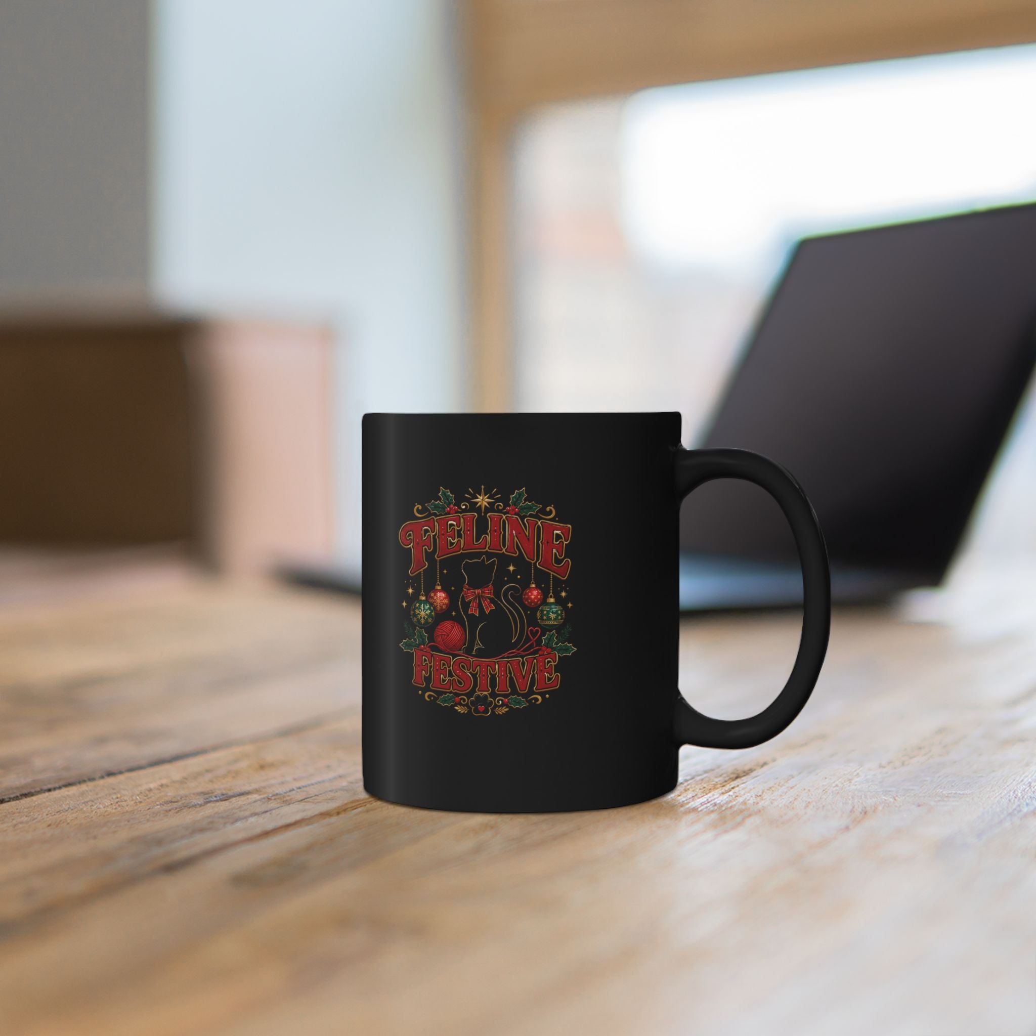 Feline Festive Black Mug — Christmas Cat Holiday Coffee Cup (