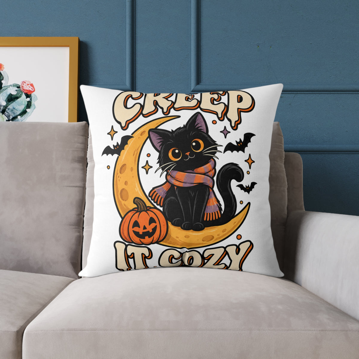 Halloween Cat Pillow — "Creep It Cozy" Decorative Square Throw Pillow