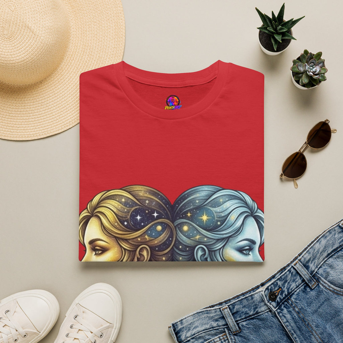 Zodiac Gemini Sun & Moon T-Shirt — Dual Faces Cosmic Design