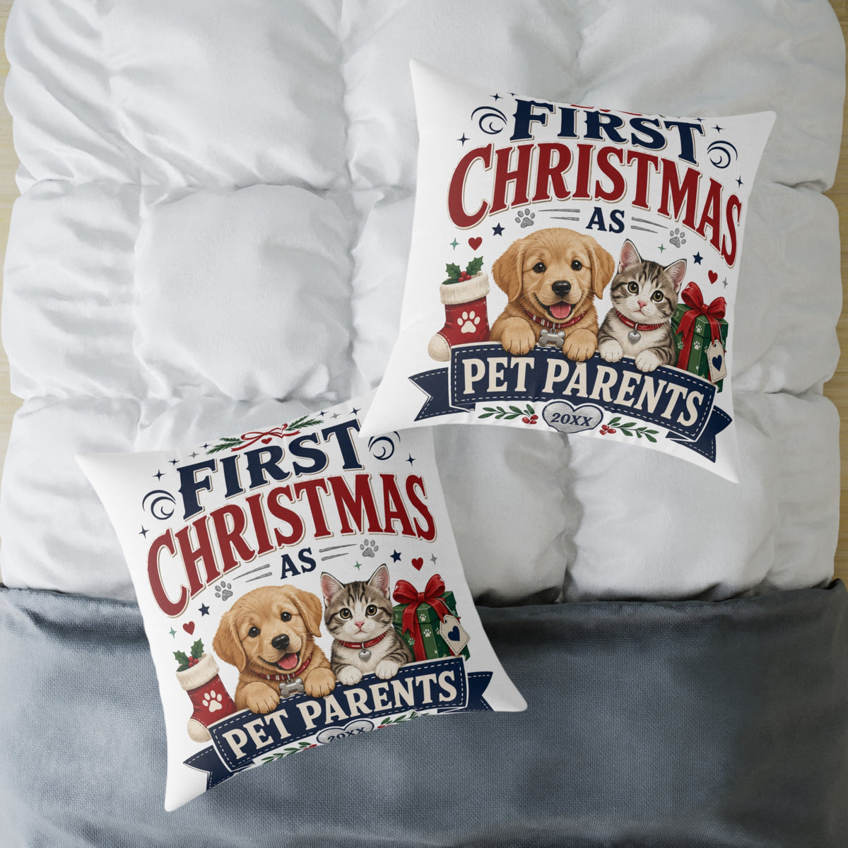 Christmas Square Pillow — "First Christmas as Pet Parents" Holiday Throw Pillow (Dog & Cat)