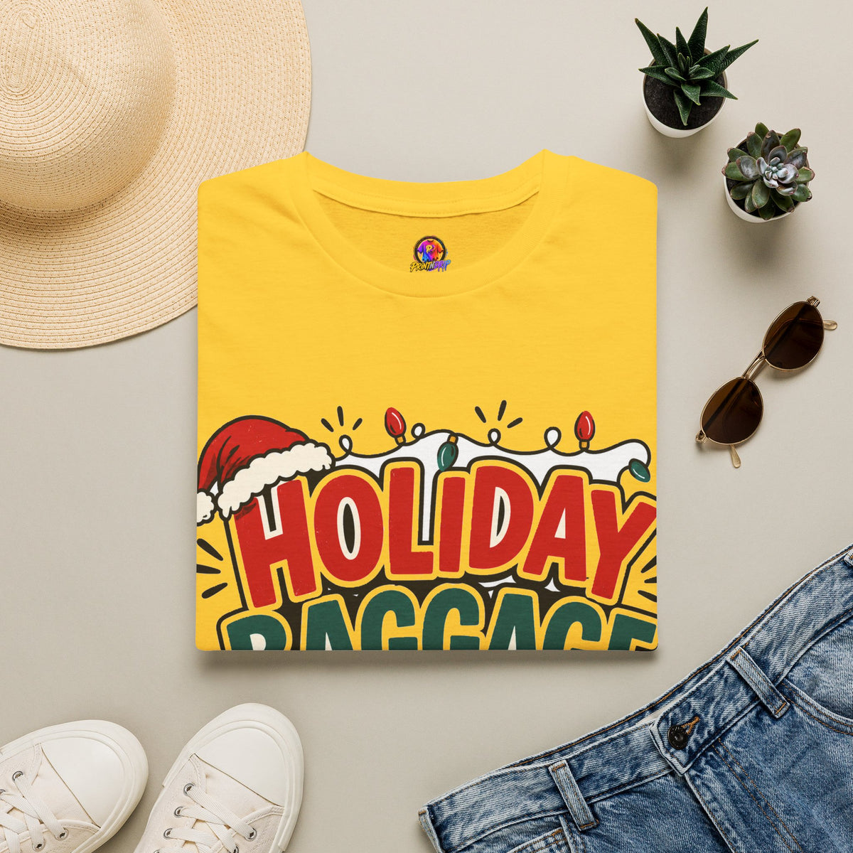 Holiday Baggage Claim T-Shirt — Funny Christmas Vacation Tee with Santa Hat & Lights