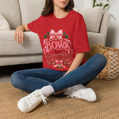 Bows and Mistletoe T-Shirt — Pink Holiday Bow Christmas Tee