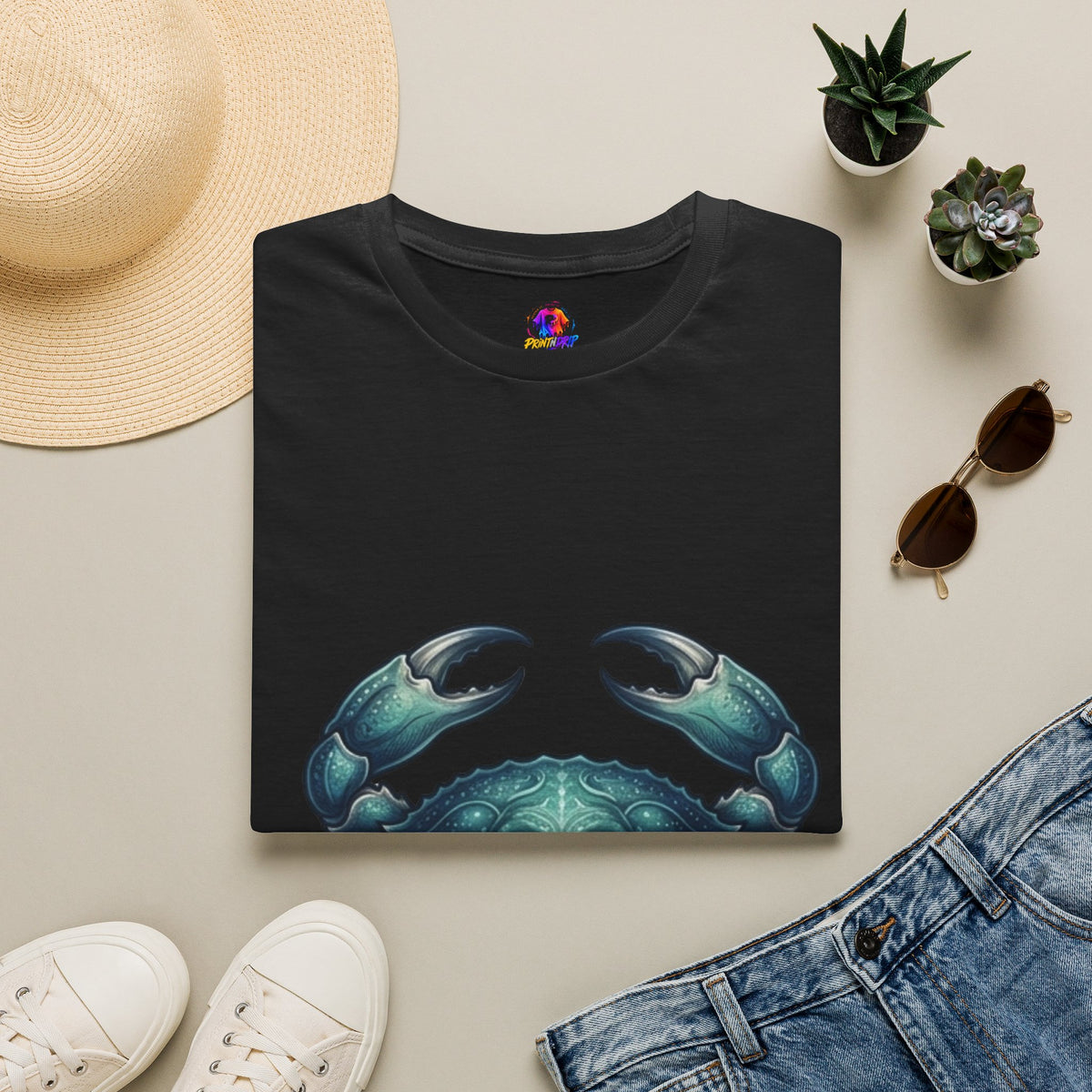 Cancer Zodiac Crabby Coastal Tee - Blue Green Crab Graphic T-Shirt