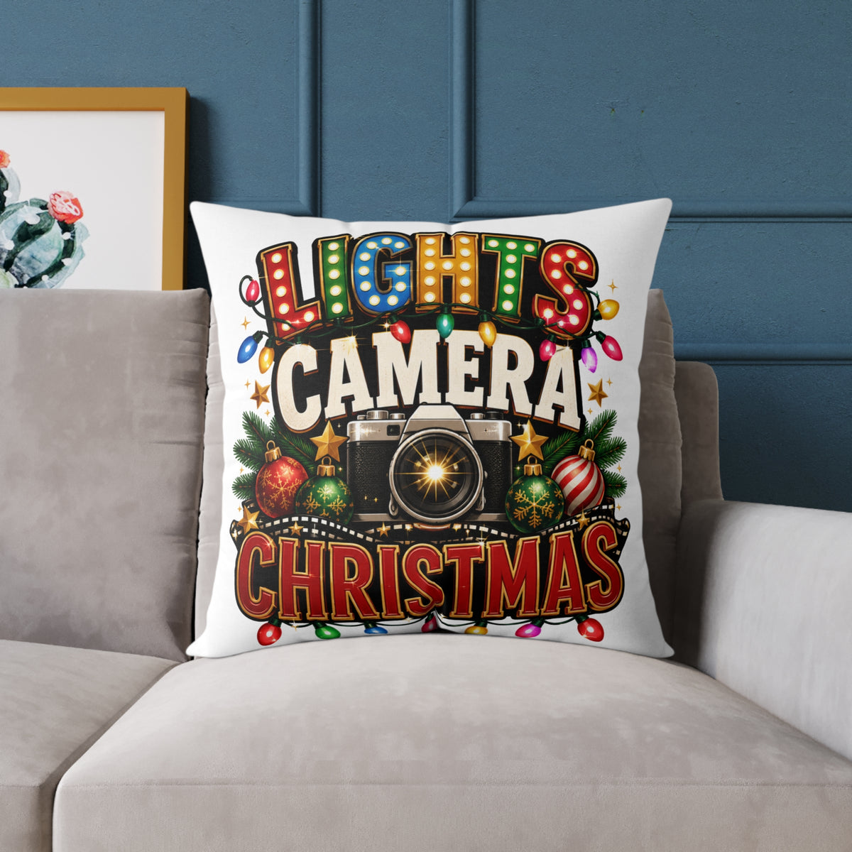 Christmas Photo Pillow - "Lights Camera Christmas" Decorative Square Throw Pillow