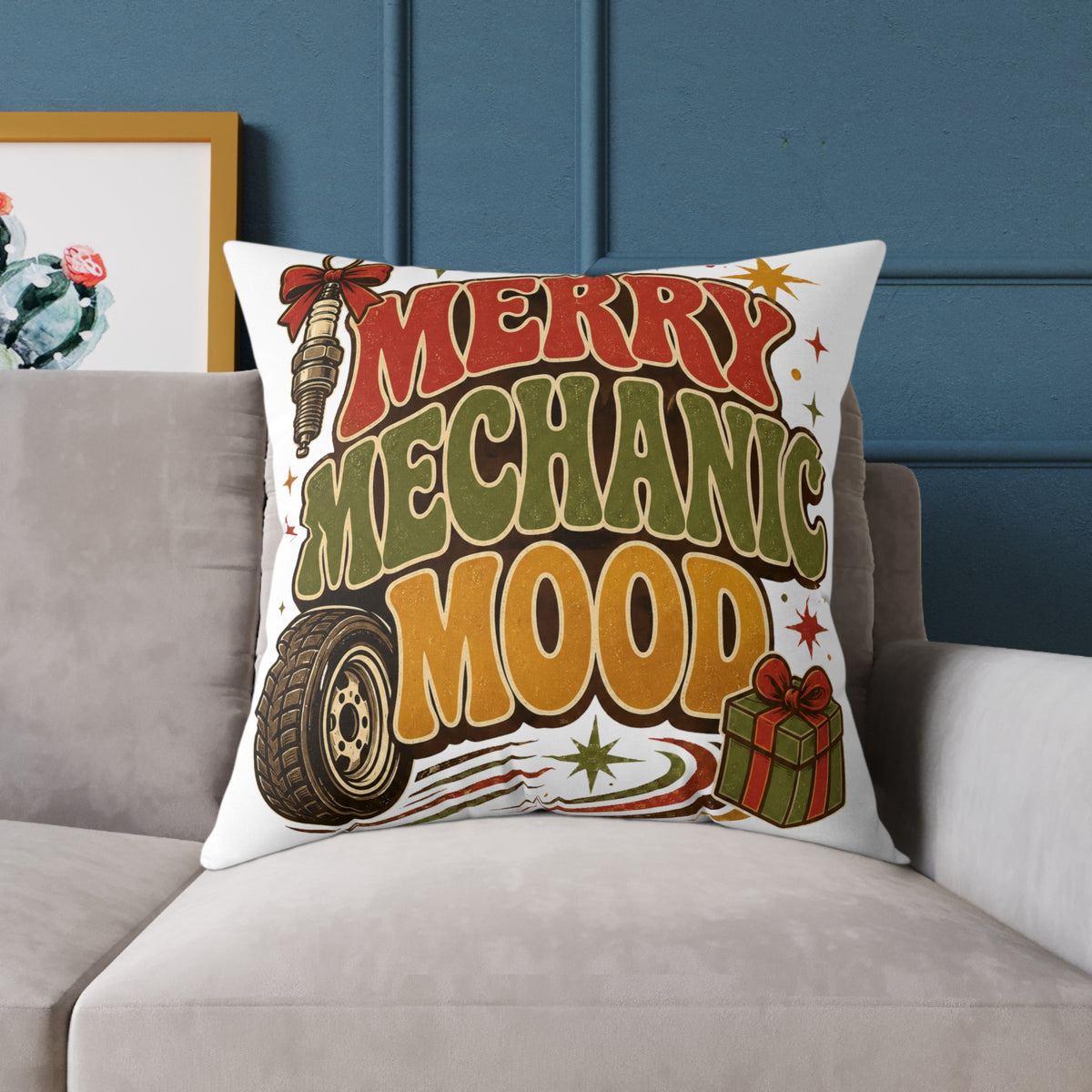 Modern Day Christmas Merry Mechanic Mood Pillow - Christmas Car Mechanic Holiday Throw Pillow
