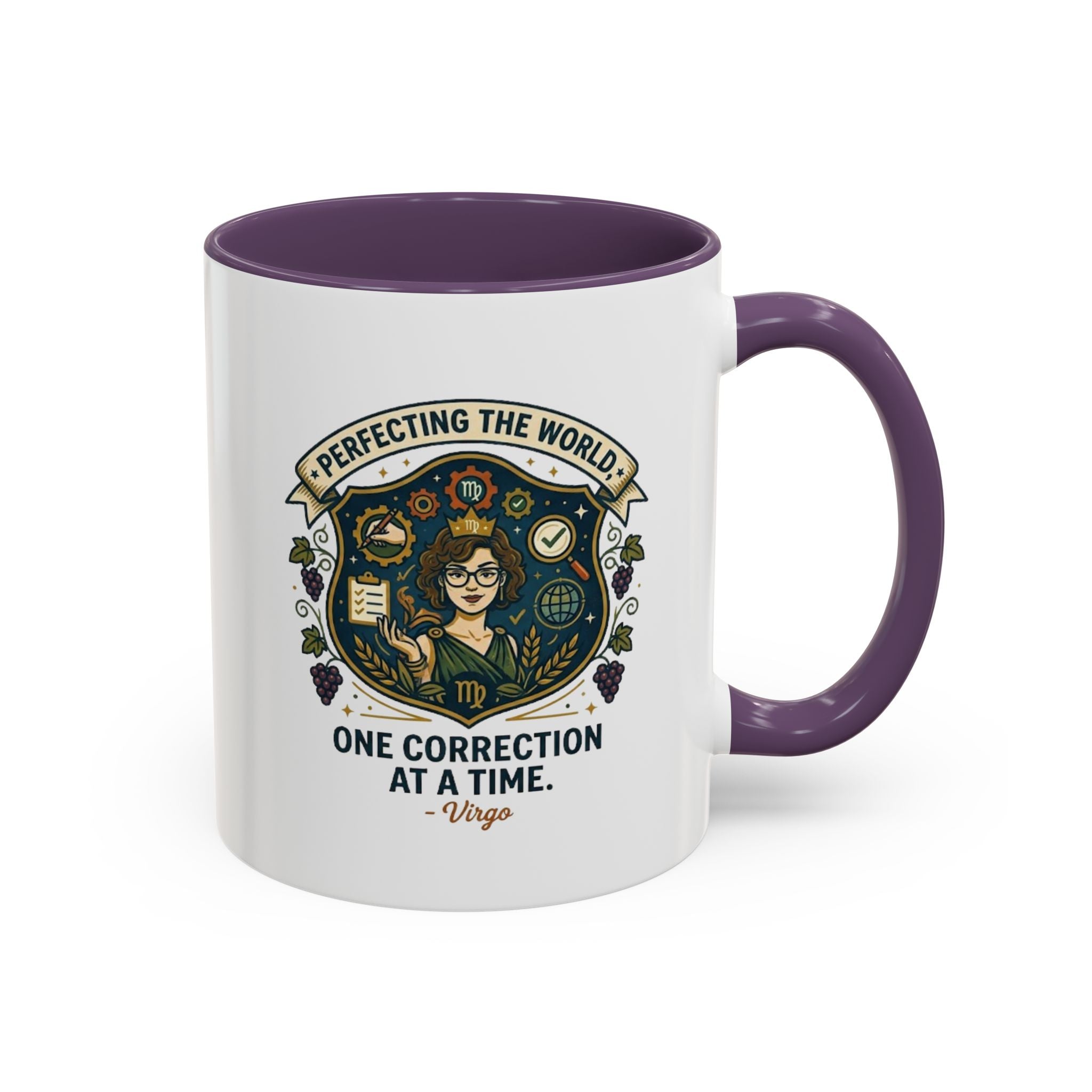 Virgo Coffee Mug — "Perfecting the World: One Correction at a Time" Accent Astrology Gift