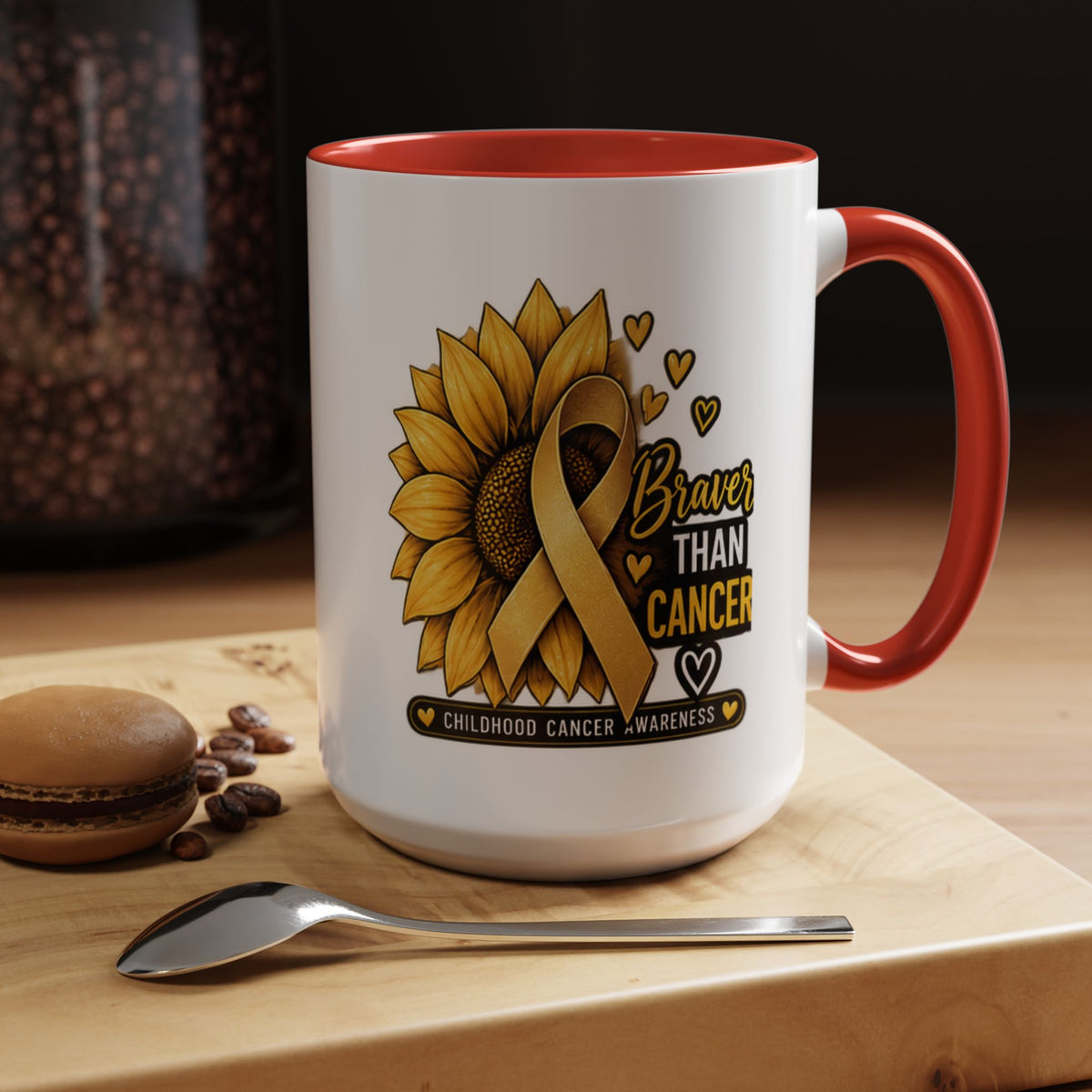 Childhood Cancer Awareness Mug — "Braver Than Cancer" Sunflower & Gold Ribbon