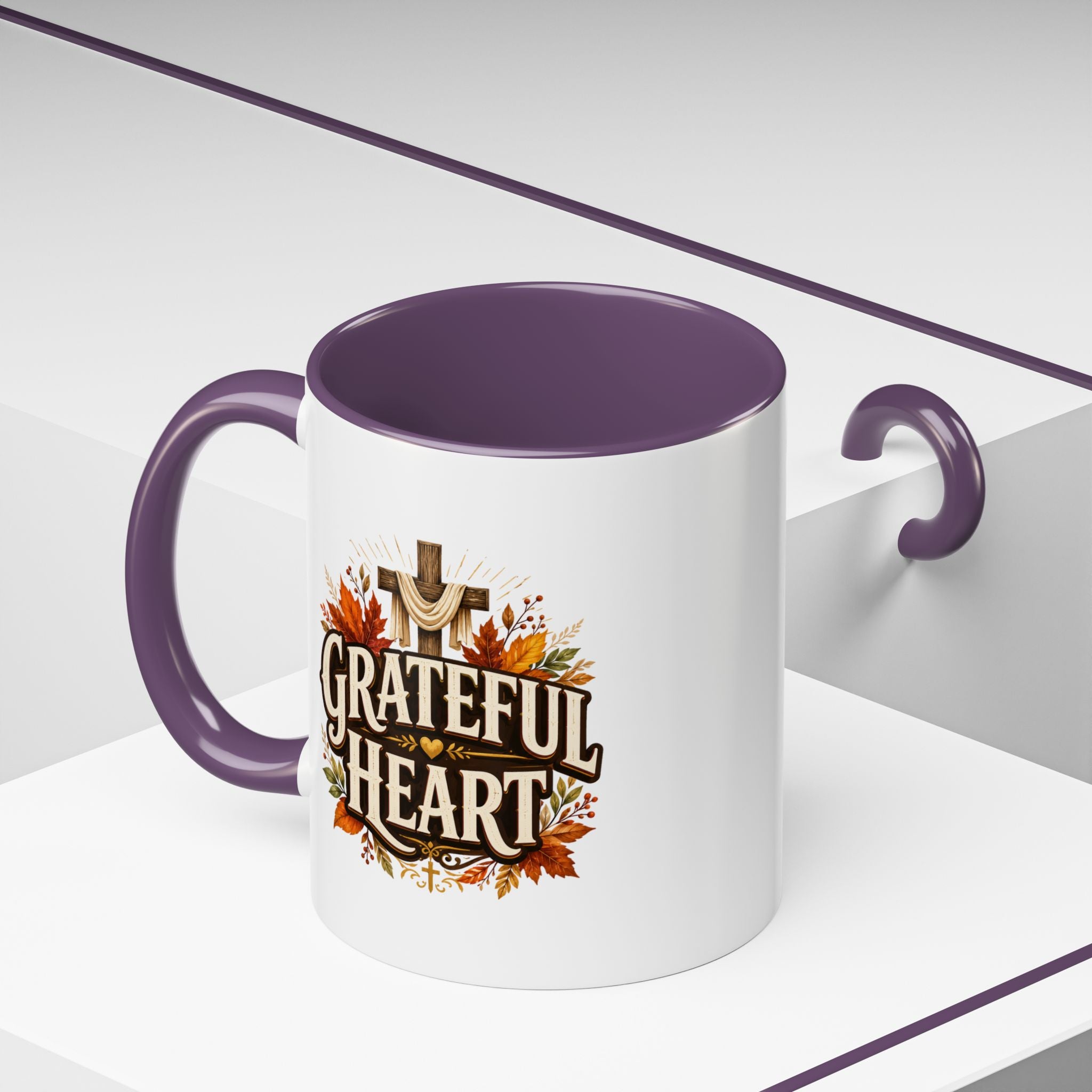 Thanksgiving Mug Grateful Heart Accent Coffee Mug – Autumn Leaves & Cross Spiritual Thanksgiving Gift