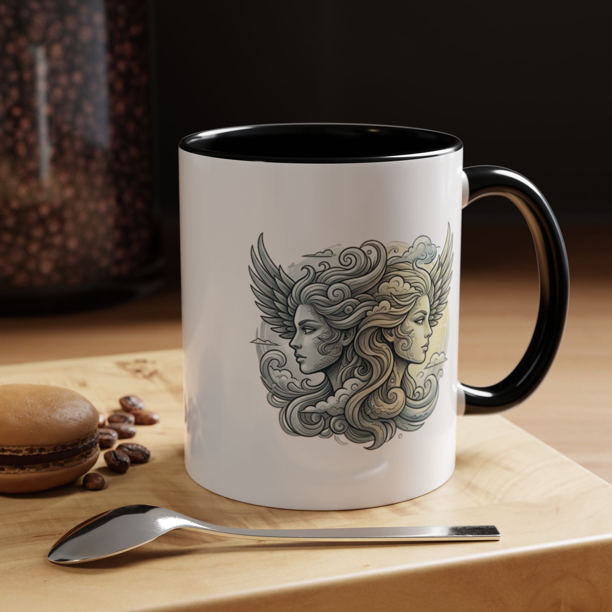 Gemini Twins Accent Coffee Mug — Sun & Moon Winged Faces Illustration