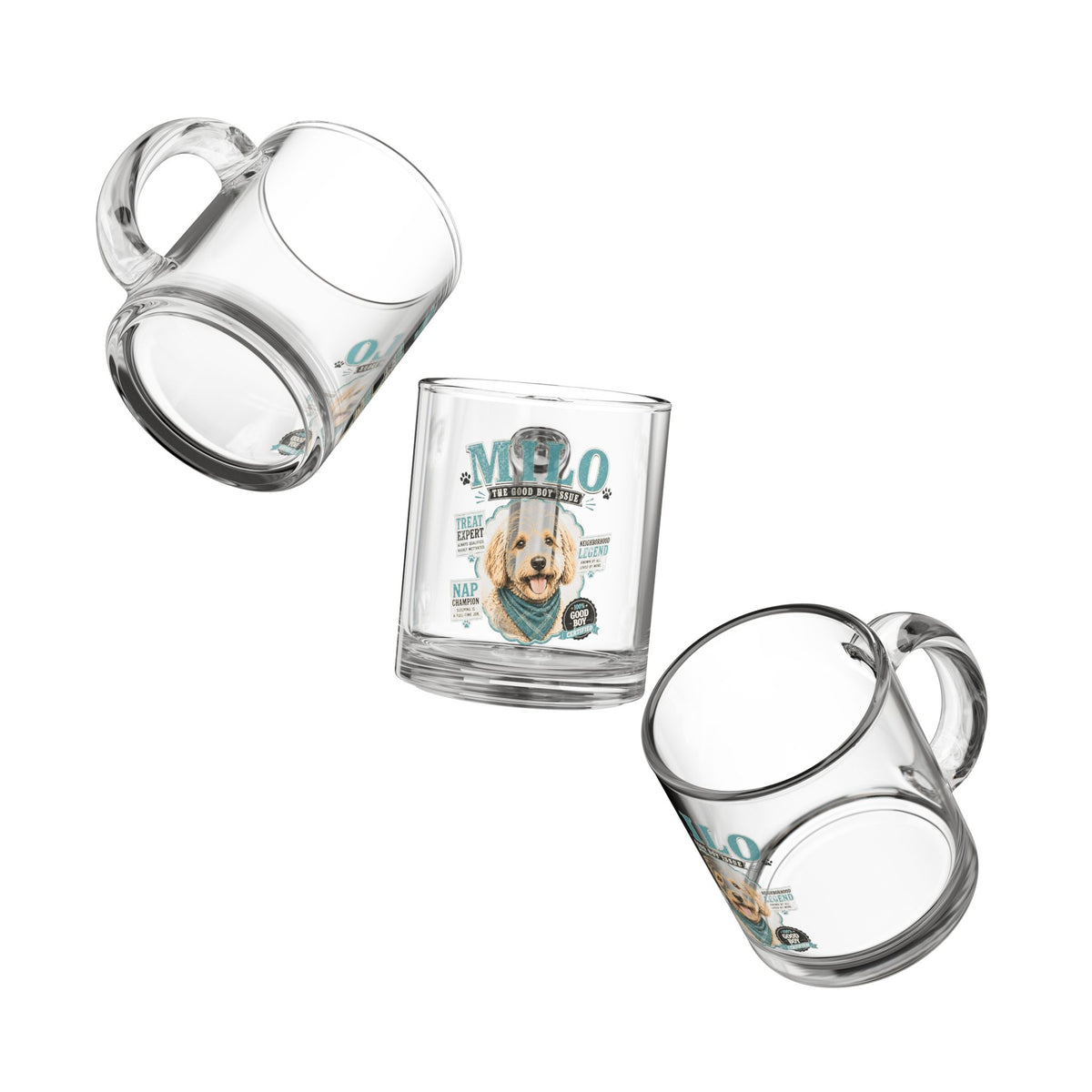 Personalized Dog Glass Mug — "Milo The Good Boy" 10oz Pet Lover Coffee Cup