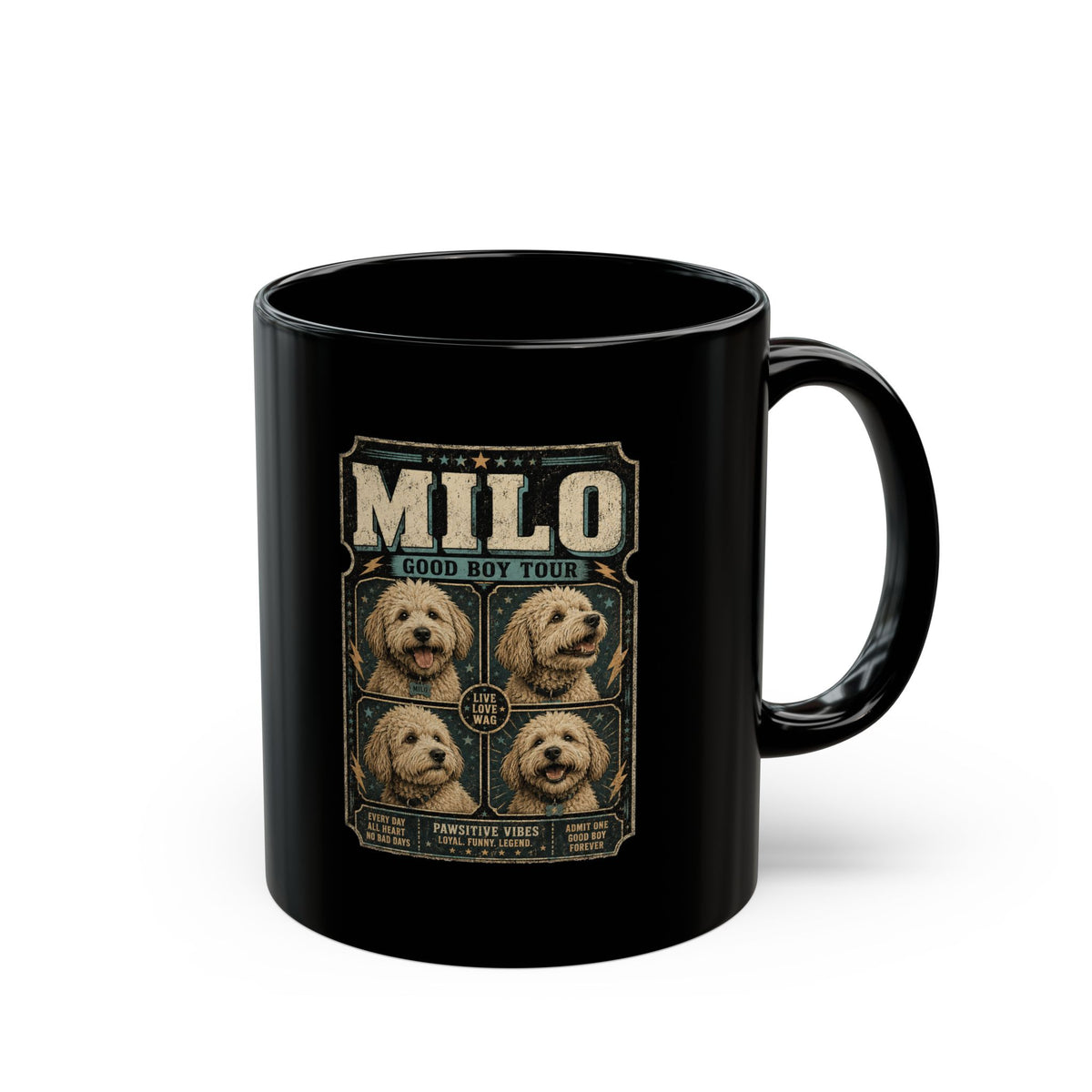 Milo Bailey Dog Dad Mom Milo Photo Collage Black Mug — Custom Pet Name Coffee Cup