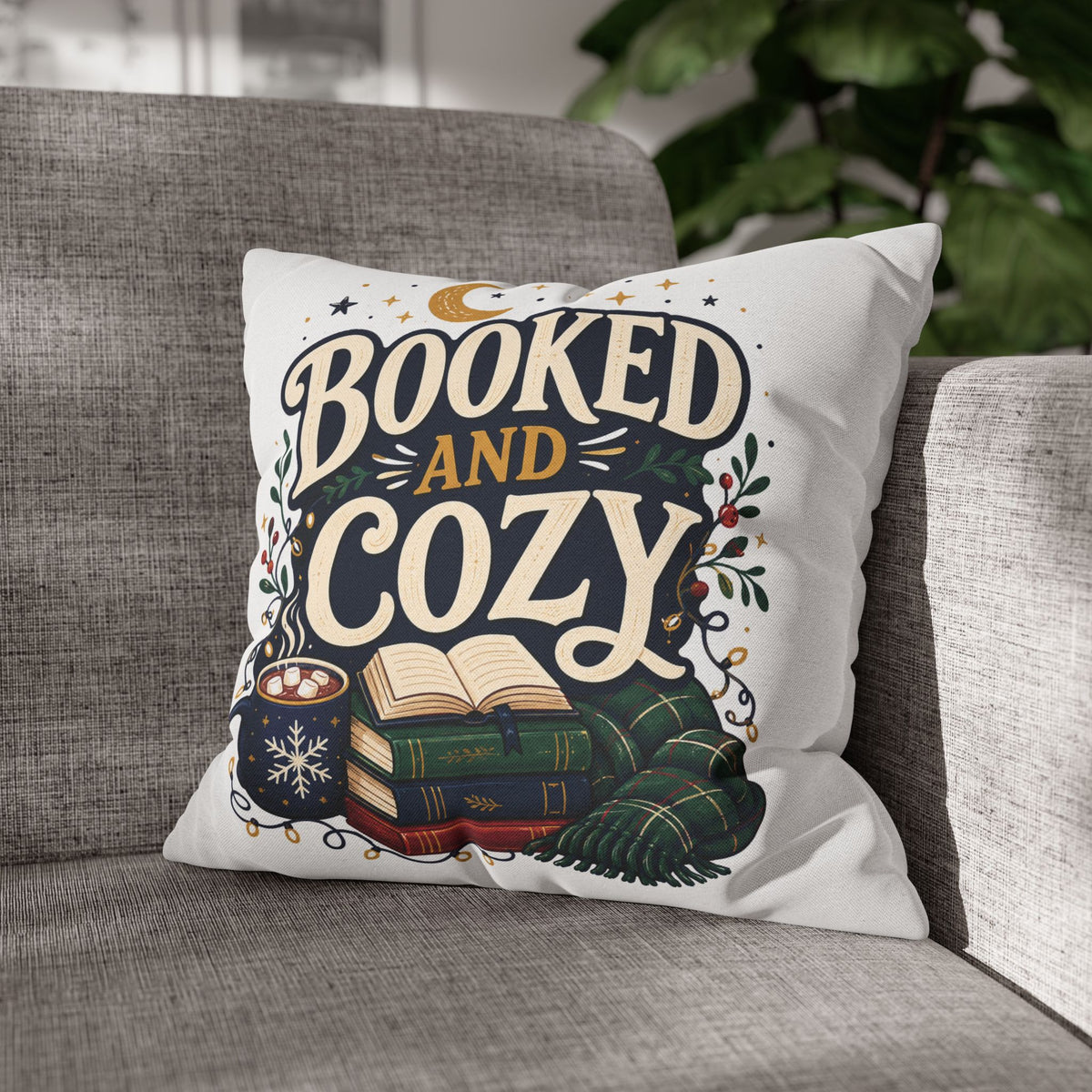 Booked and Cozy Square Pillowcase Modern Day Christmas — Booklover Decorative Throw Pillow Cover