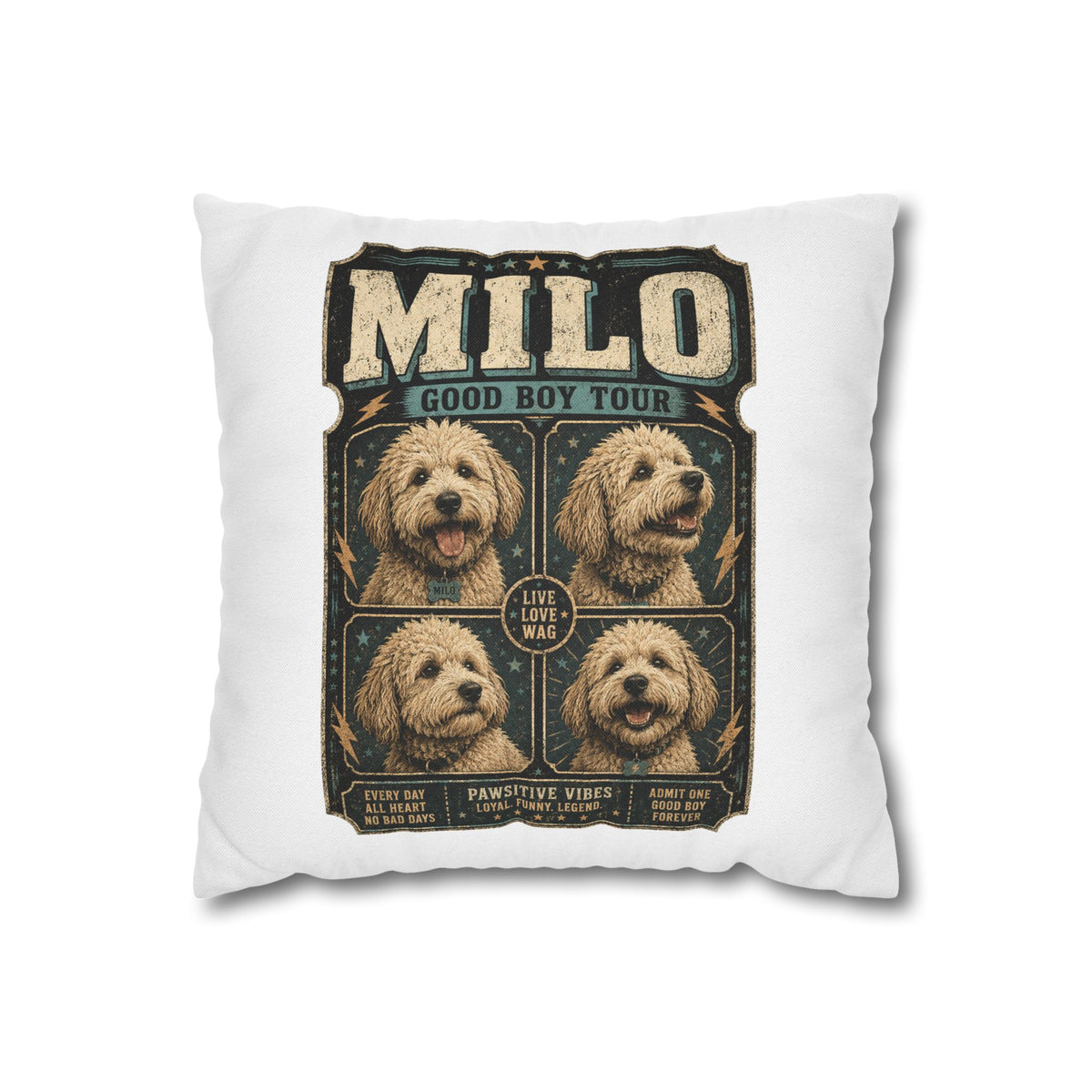 Milo "Good Boy Tour" Square Pillowcase — Cute Dog Portrait Decorative Pillowcase Milo Bailey Dog Dad Mom