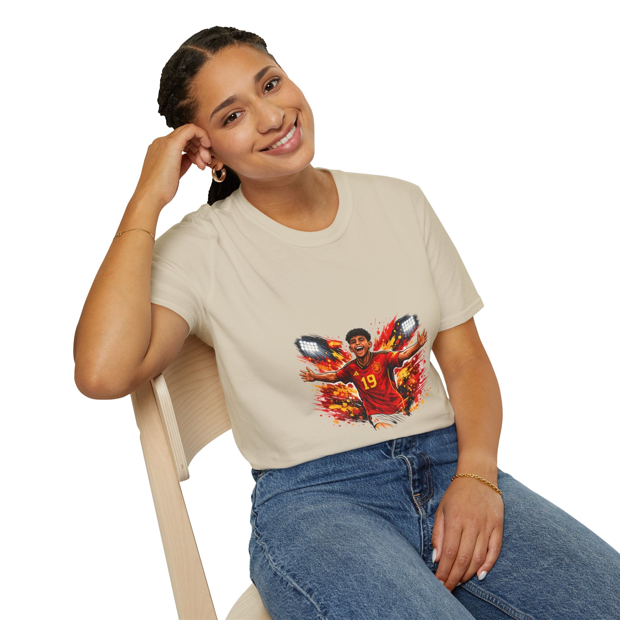 Spain Soccer Fan Portrait T‑Shirt – Fiery Goal Celebration Design