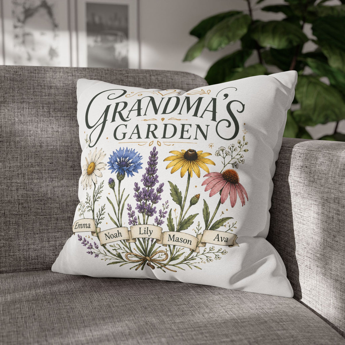 Grandma’s Garden Floral Pillowcase Milo Bailey Dog Dad Mom — Personalized Names Decorative Throw Pillow