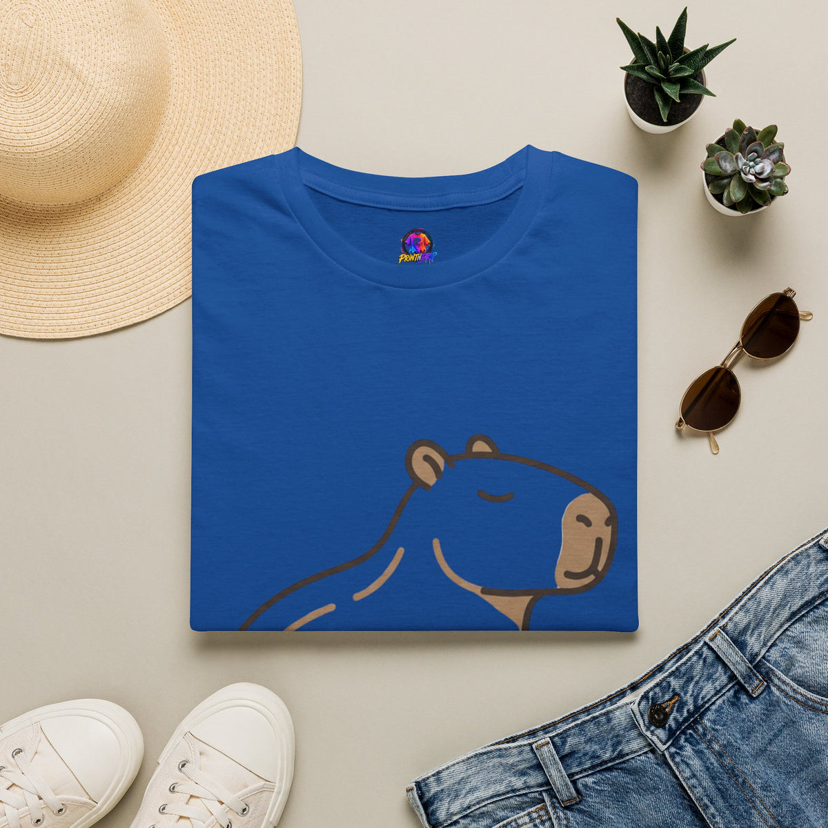 Cute Relaxed Capybara T-Shirt — Minimal Cartoon Capybara Graphic Tee
