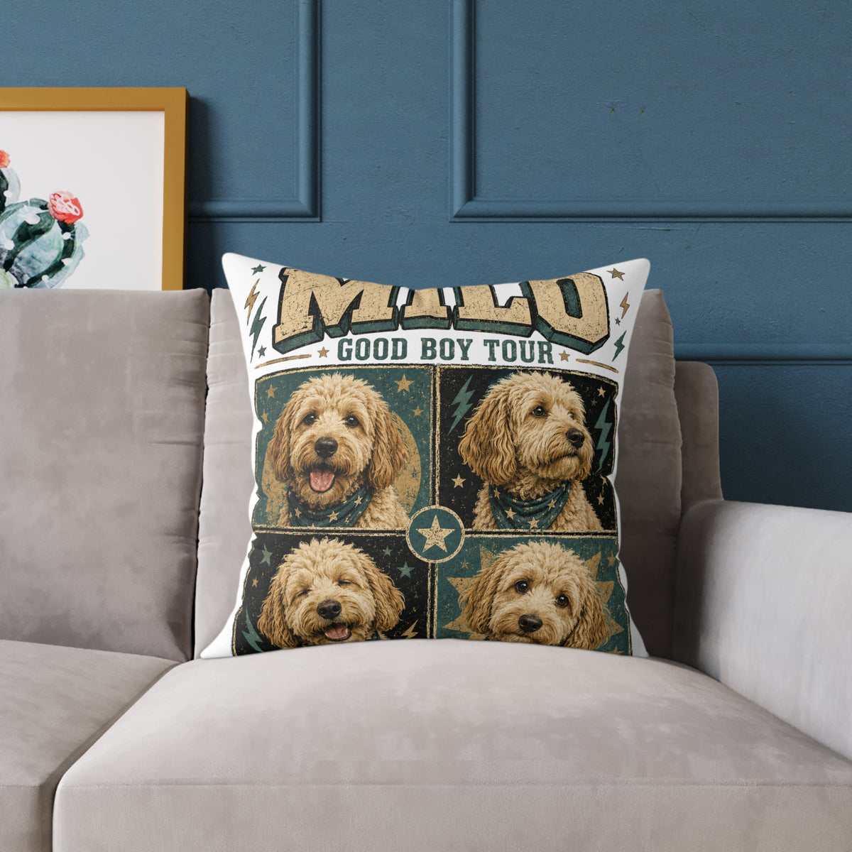 Milo "Good Boy Tour" Dog Photo Square Throw Pillow  Milo Bailey Dog Dad Mom
