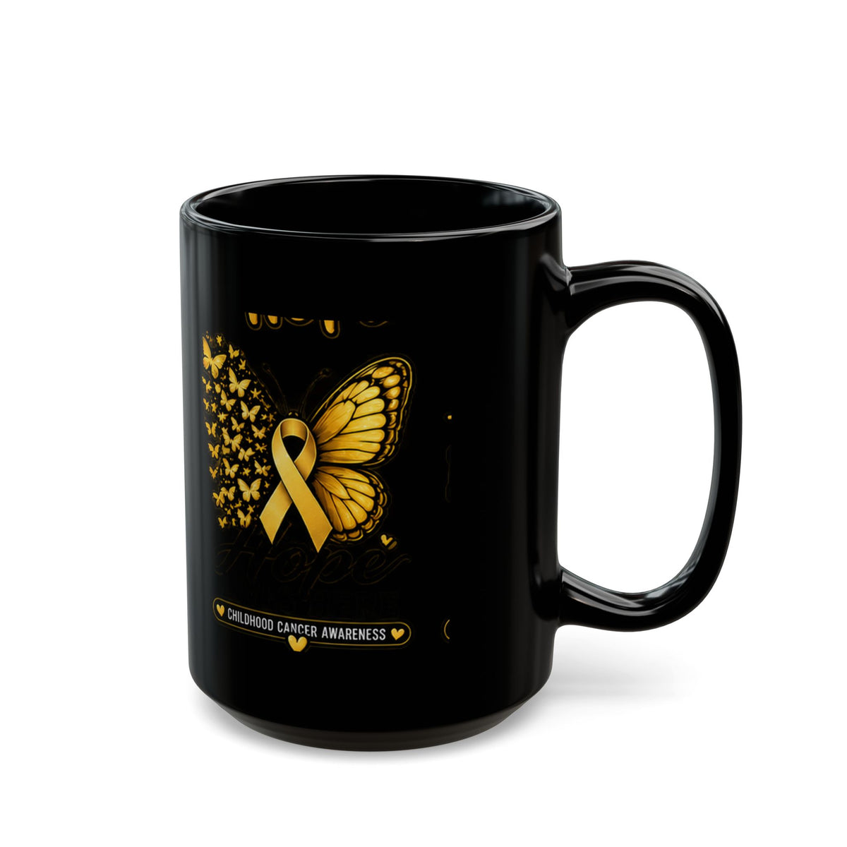 Childhood Cancer Awareness Mug — Gold Ribbon Butterfly Black Coffee Cup (11oz, 15oz)