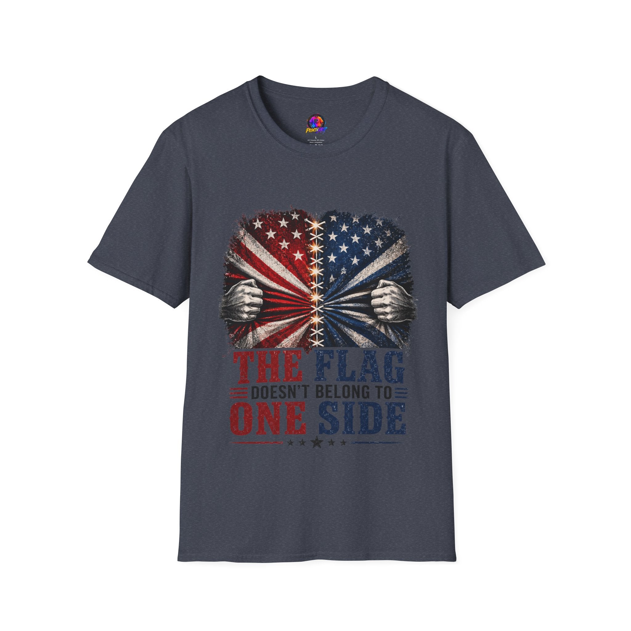 T-Shirt — "The Flag Doesn't Belong to One Side" Distressed American Flag Graphic