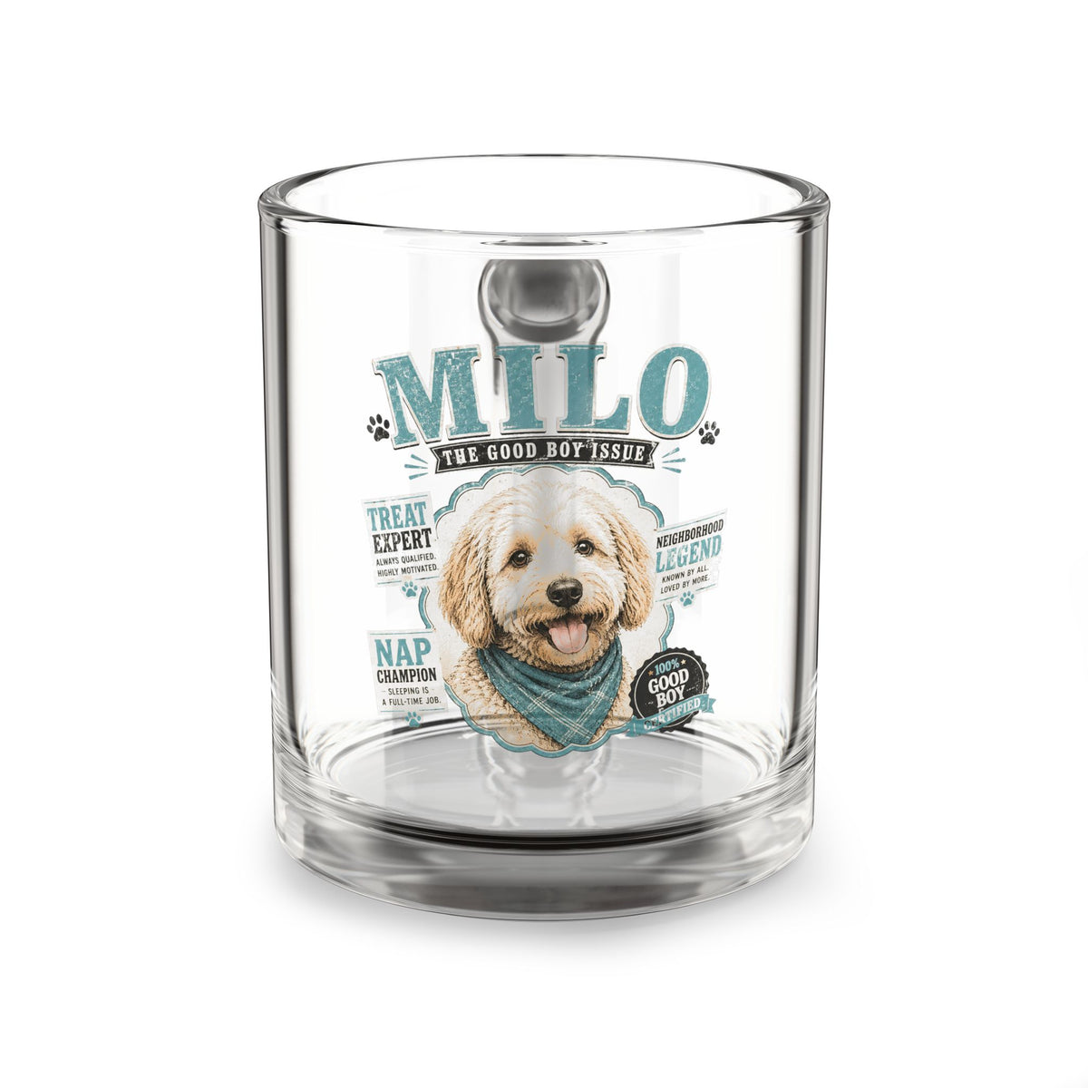Personalized Dog Glass Mug — "Milo The Good Boy" 10oz Pet Lover Coffee Cup